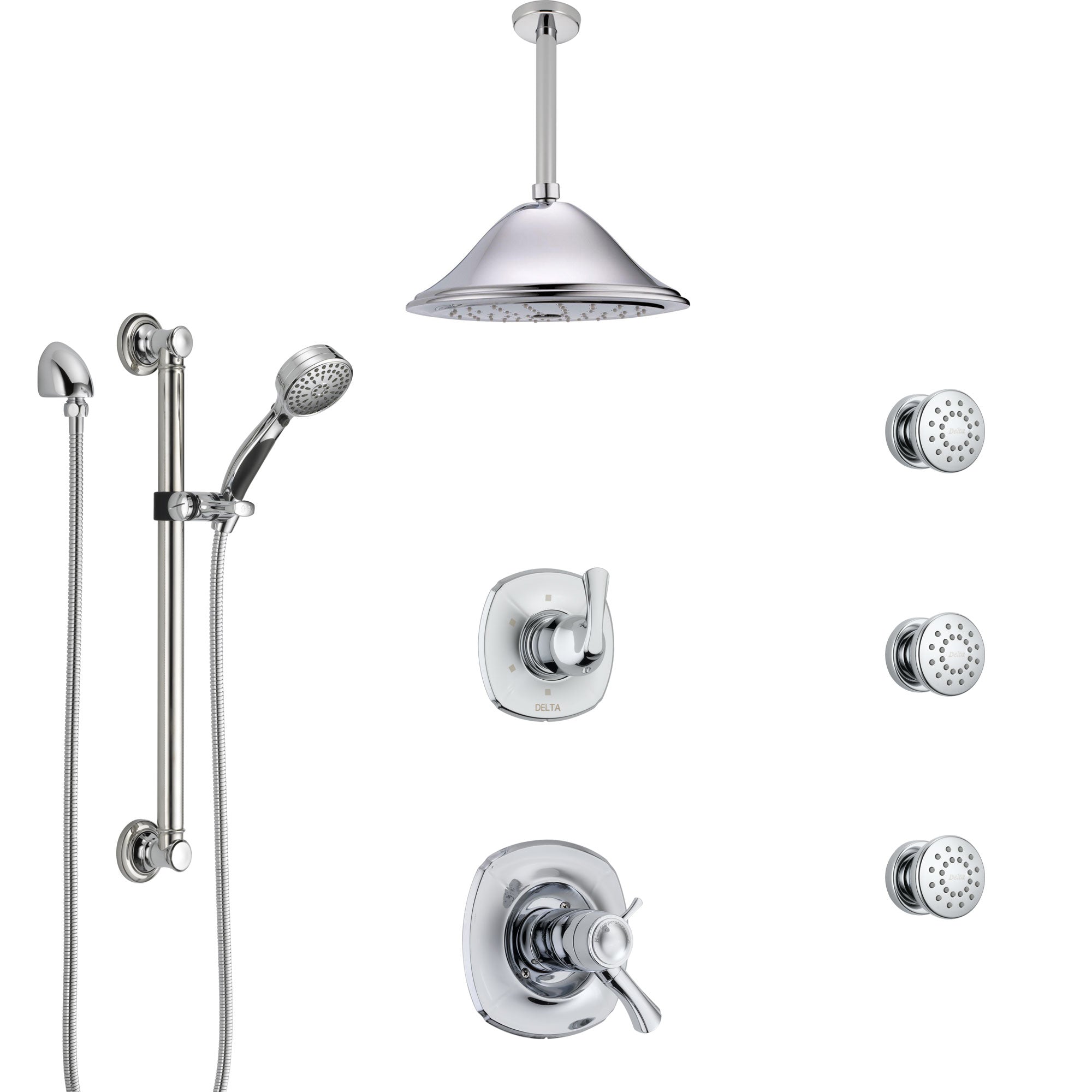 Delta Addison Chrome Shower System - Dual Thermostatic Control, Diverter, Ceiling Showerhead, 3 Body Sprays & Handheld Shower with Grab Bar (Model SS17T9224) - Perfect for Luxury Bathroom Renovations & Spa-Like Shower Experience