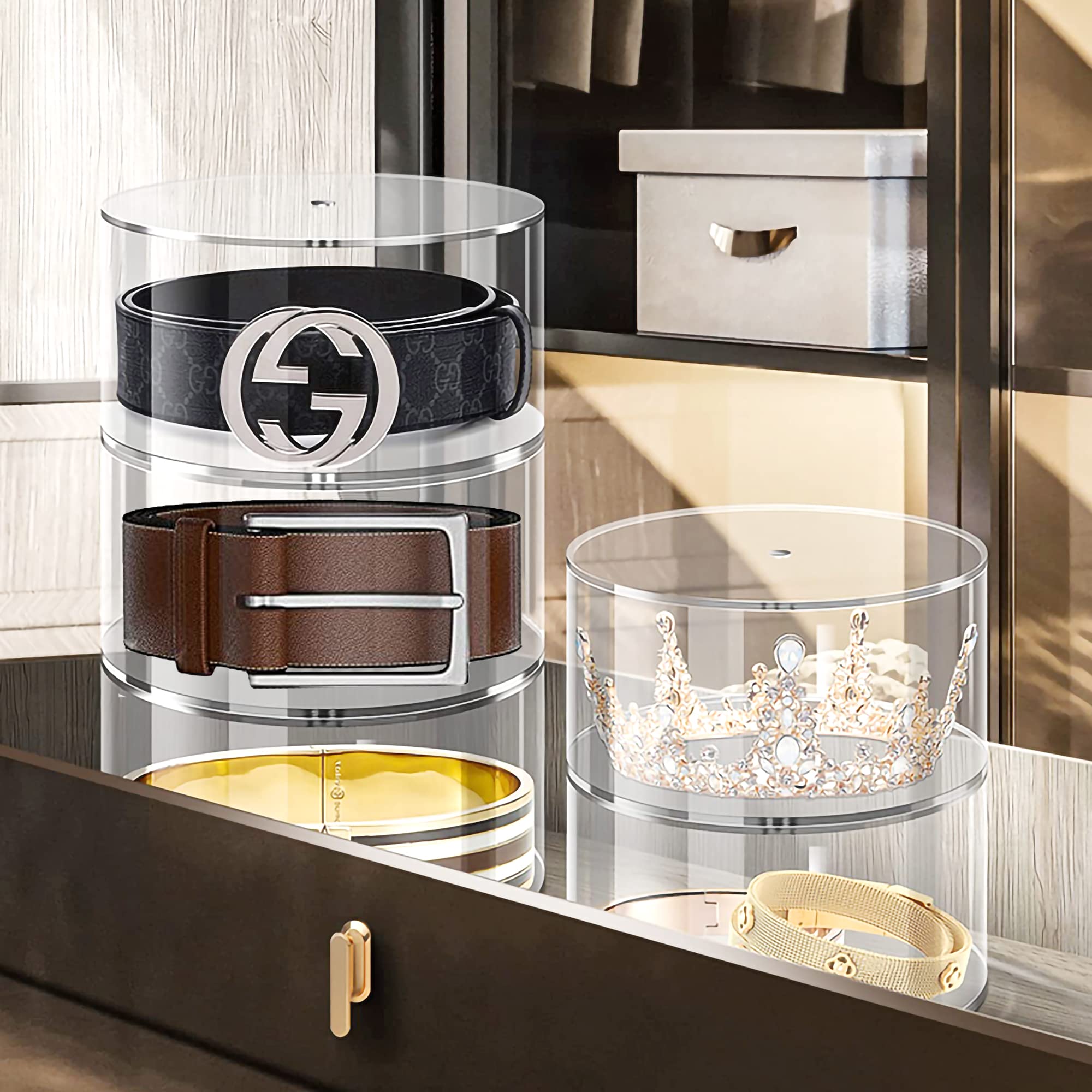 5-Compartment Acrylic Belt Organizer for Closet - Clear Jewelry & Accessory Storage Display Case | Perfect for Watches, Bracelets, Bow Ties & Makeup Organization | Space-Saving Multipurpose Closet Organizer for Bedroom, Bathroom & Dressing Room