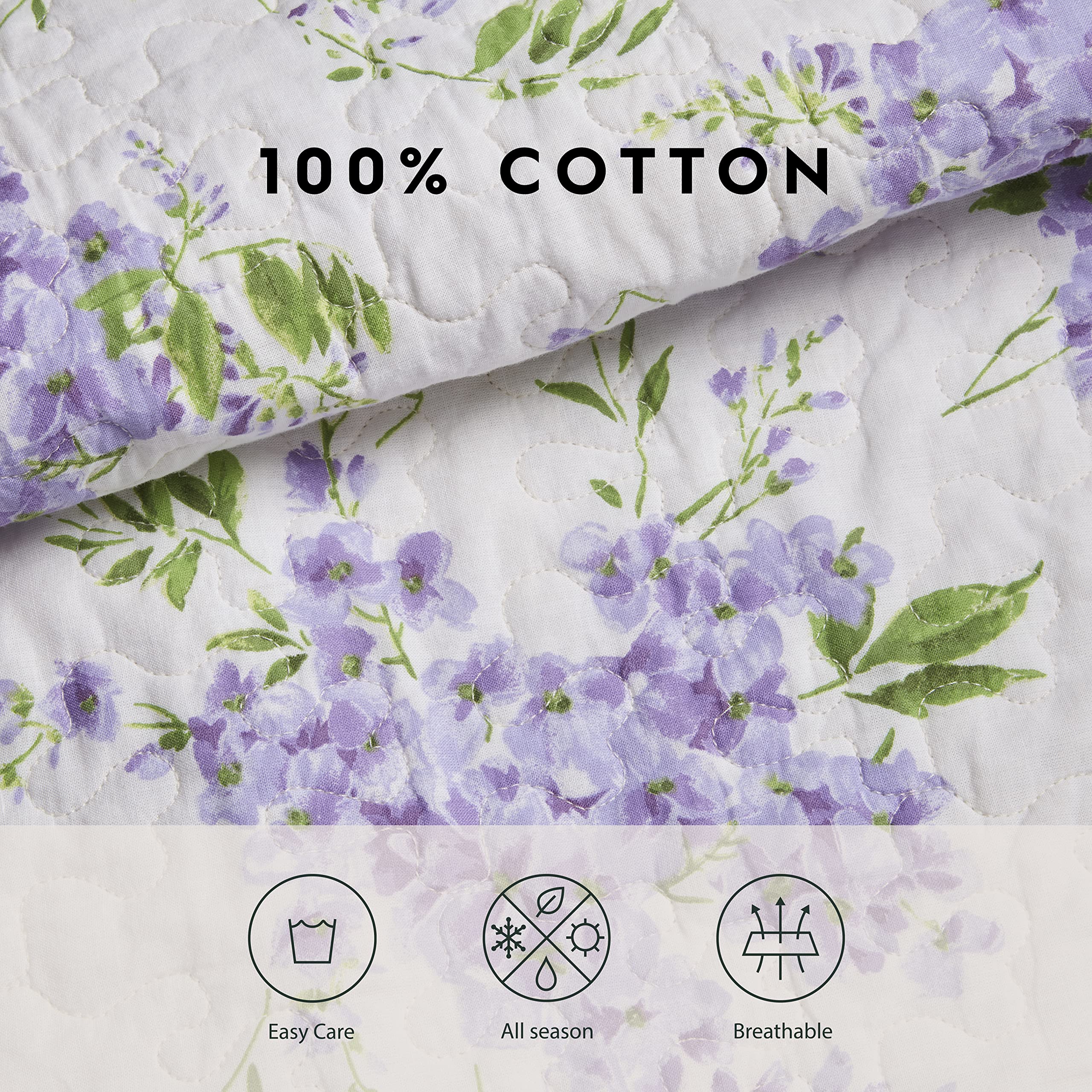 Laura Ashley Queen Quilt Set - Reversible 100% Cotton Bedding with Matching Shams | Lightweight All-Season Comforter | Keighley Lilac Floral Design | Perfect for Master Bedroom, Guest Room & Cozy Home Decor