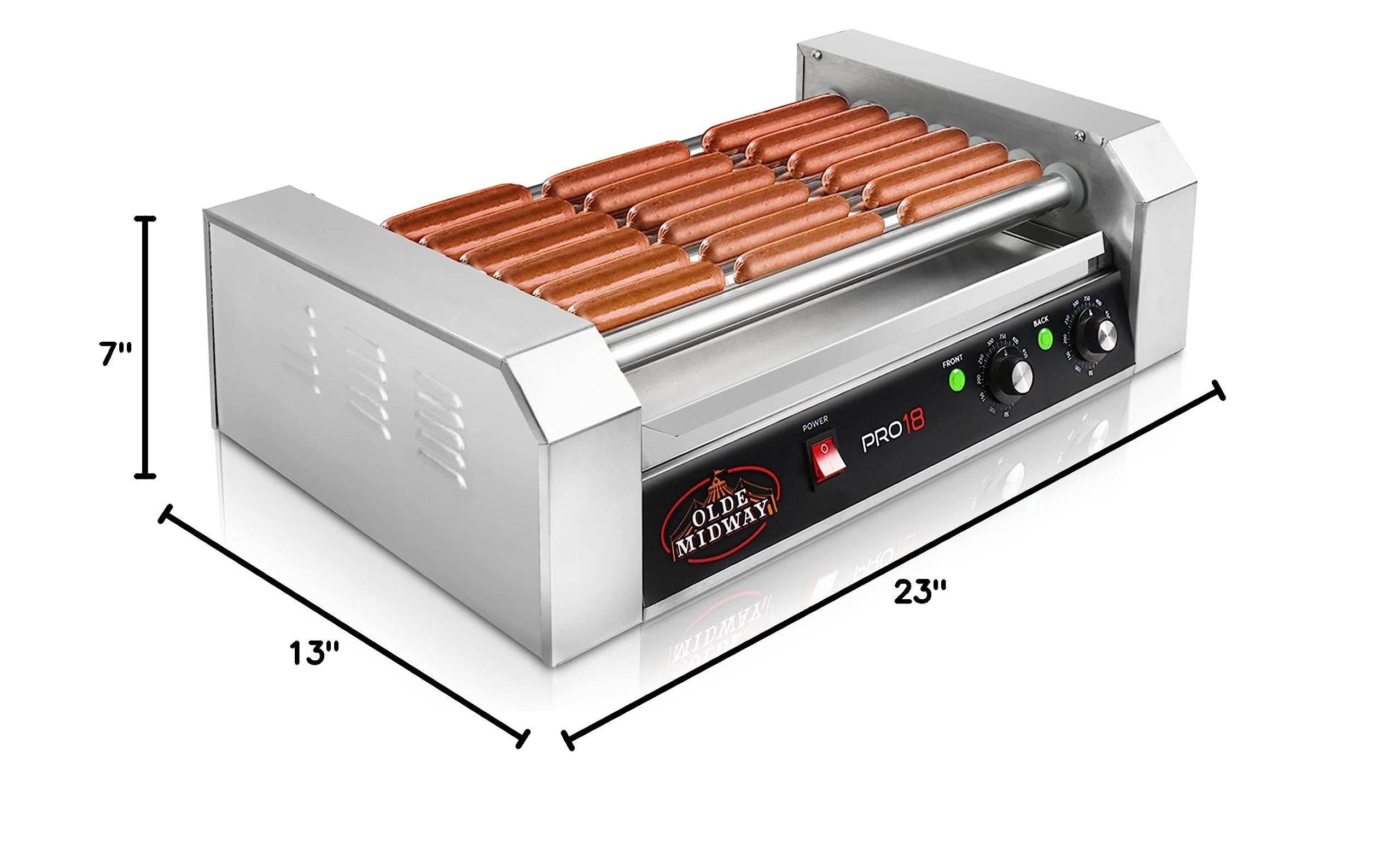 Olde Midway Electric 18 Hot Dog 7 Roller Grill Cooker Machine 900W - Commercial Grade Hot Dog Warmer for Restaurants, Carnivals & Food Trucks - Perfect for Hot Dogs, Sausages & Sandwiches