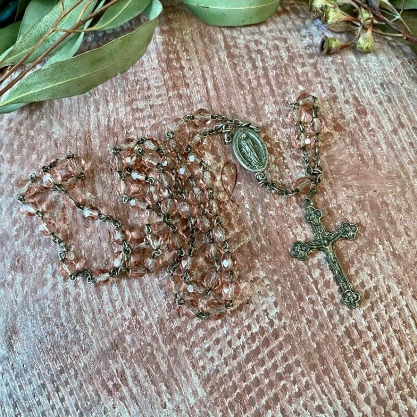 Vintage Sterling Silver Rosary Necklace with Blush Pink Glass Beads - Perfect for Prayer, Meditation & Catholic Gifts