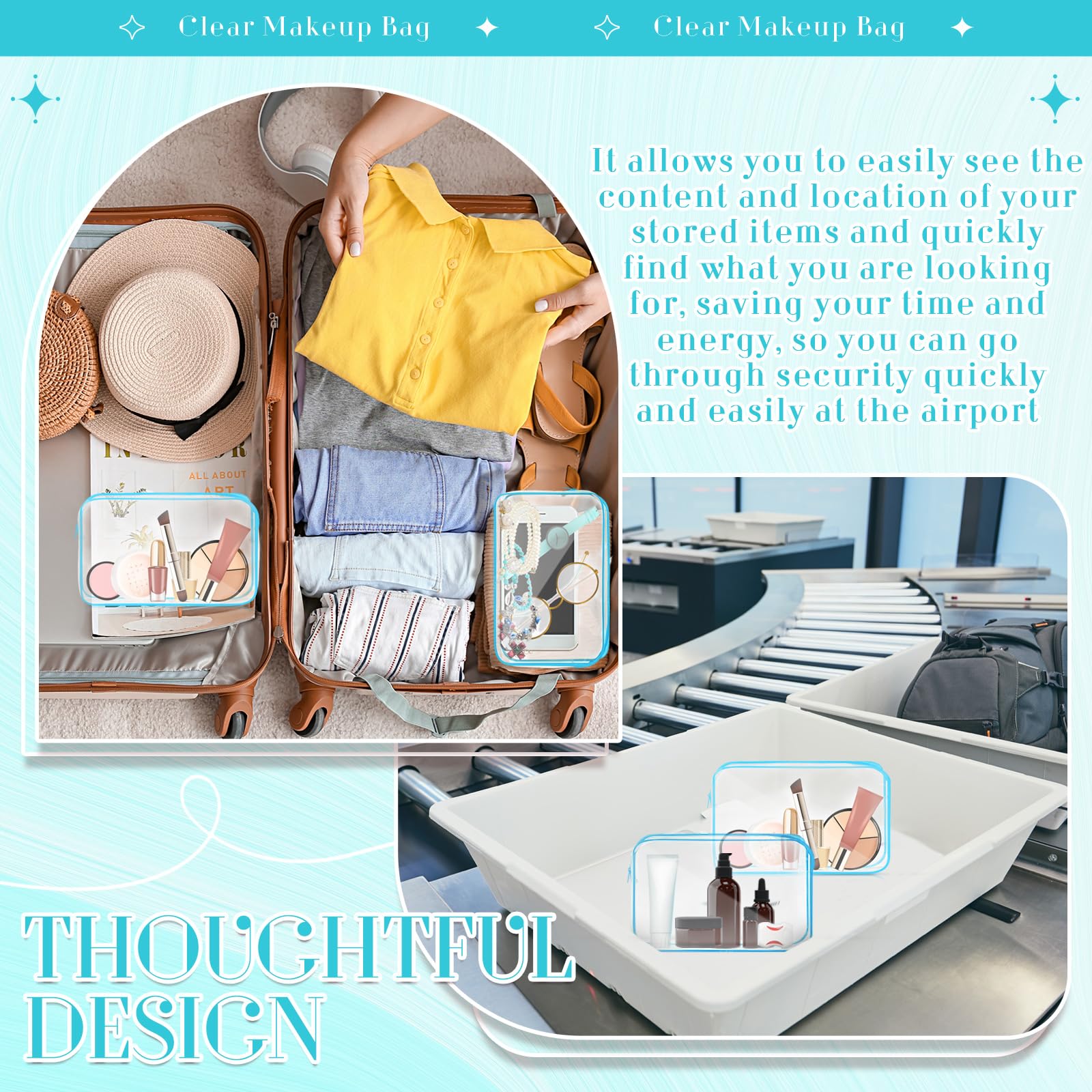 6 Pcs Clear PVC Waterproof Makeup Travel Bags with Zipper - Small Blue Cosmetic Organizer for Women & Men - Perfect for Airport Security, Gym, Toiletry & Daily Essentials Storage