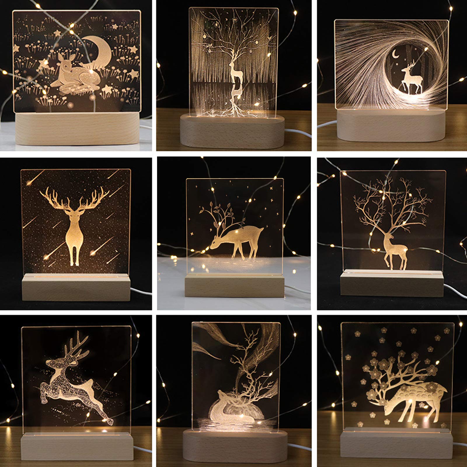 JOJOCY LED Wood Display Stand with Warm Lights - Rectangle Crystal Wooden Base for Acrylic Resin Art, Glass Paperweights & Decorative Items - Perfect for Home Decor, Gift Showcase & Retail Displays (Set of 4)