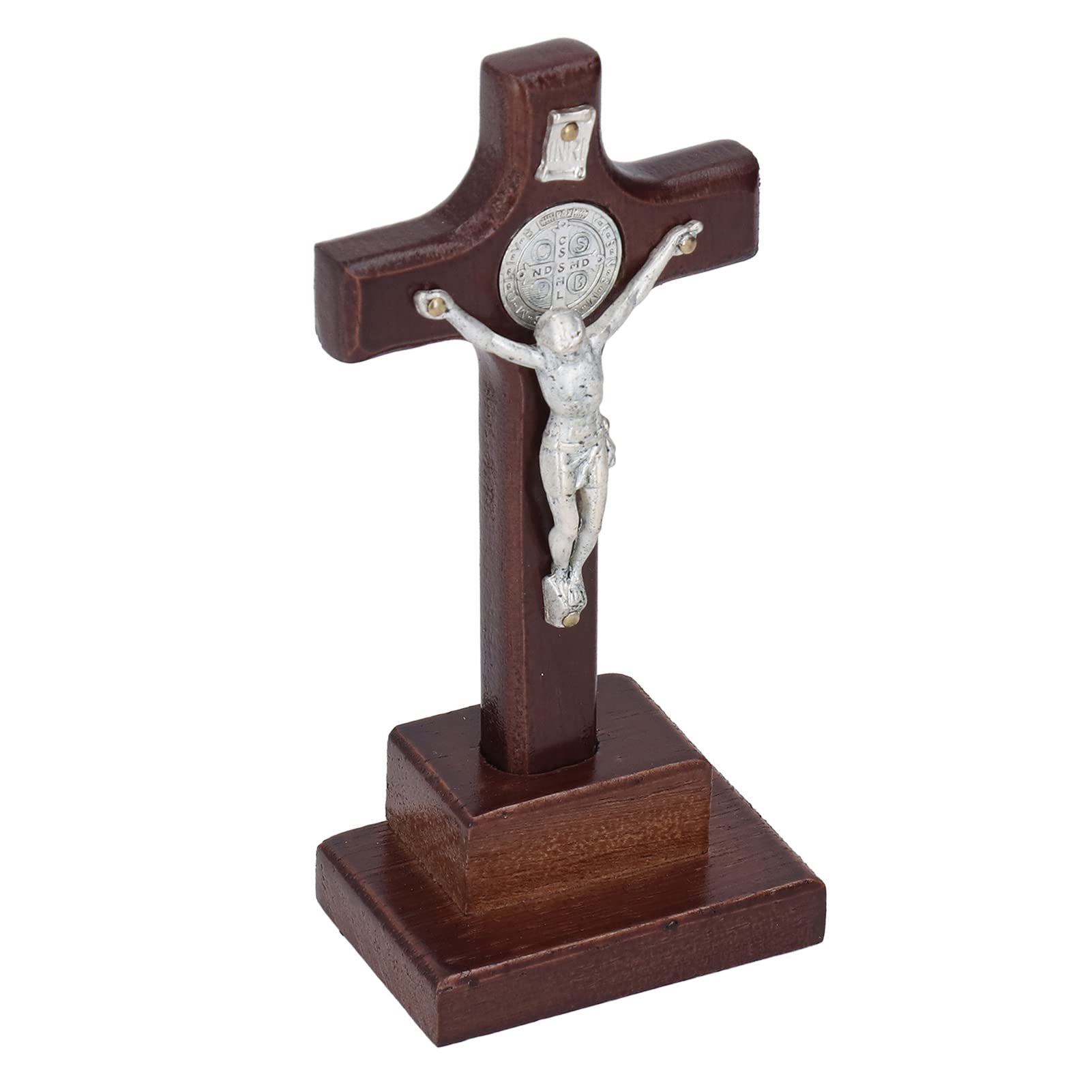 Shanrya Wooden and Metal Crucifix Table Decor - Religious Home Decor for Living Room, Bedroom, or Church Altar