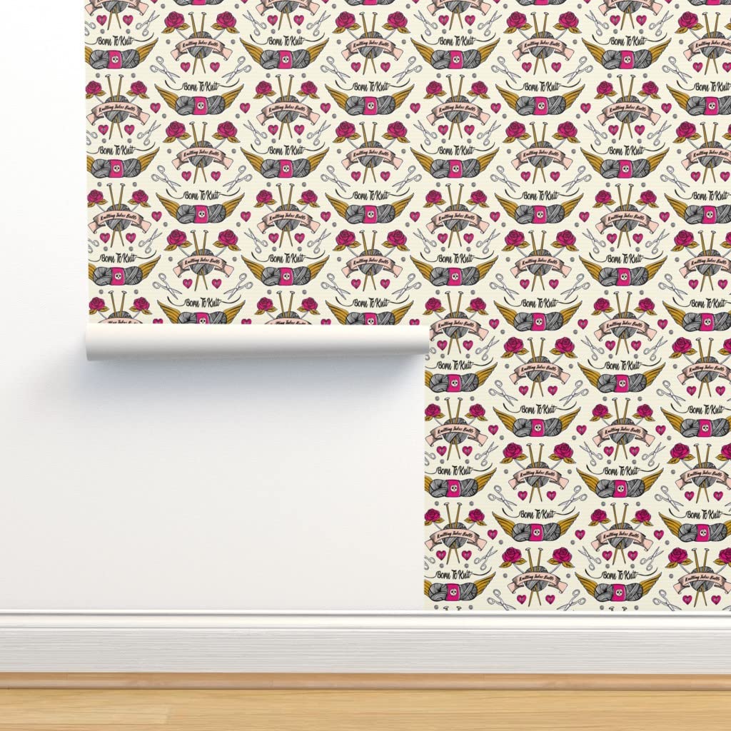 Peel & Stick Removable Wallpaper 9ft x 2ft - Vintage Floral Rose Design with Hand-Drawn Typography | Cream Pink Tattoo & Knitting Inspired Pattern | Perfect for Bedroom, Nursery, or Home Office Decor | Spoonflower Custom Wallpaper