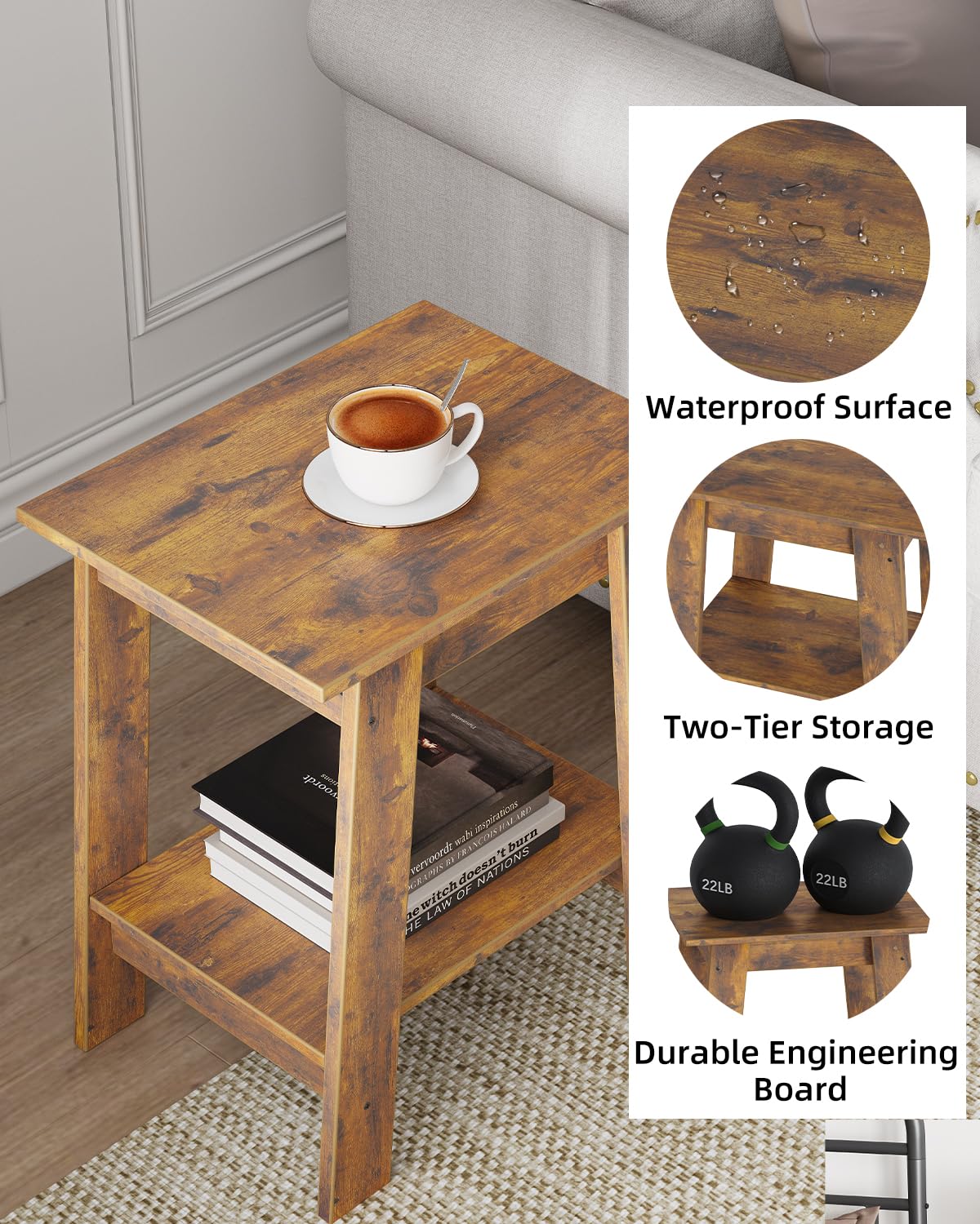 2-Tier Wood End Table Set of 2 - Small Side Table & Nightstand with Storage Shelf for Bedroom, Living Room, Farmhouse Decor - White & Brown Narrow Space-Saving Tables for Entryway, Apartment, Dorm