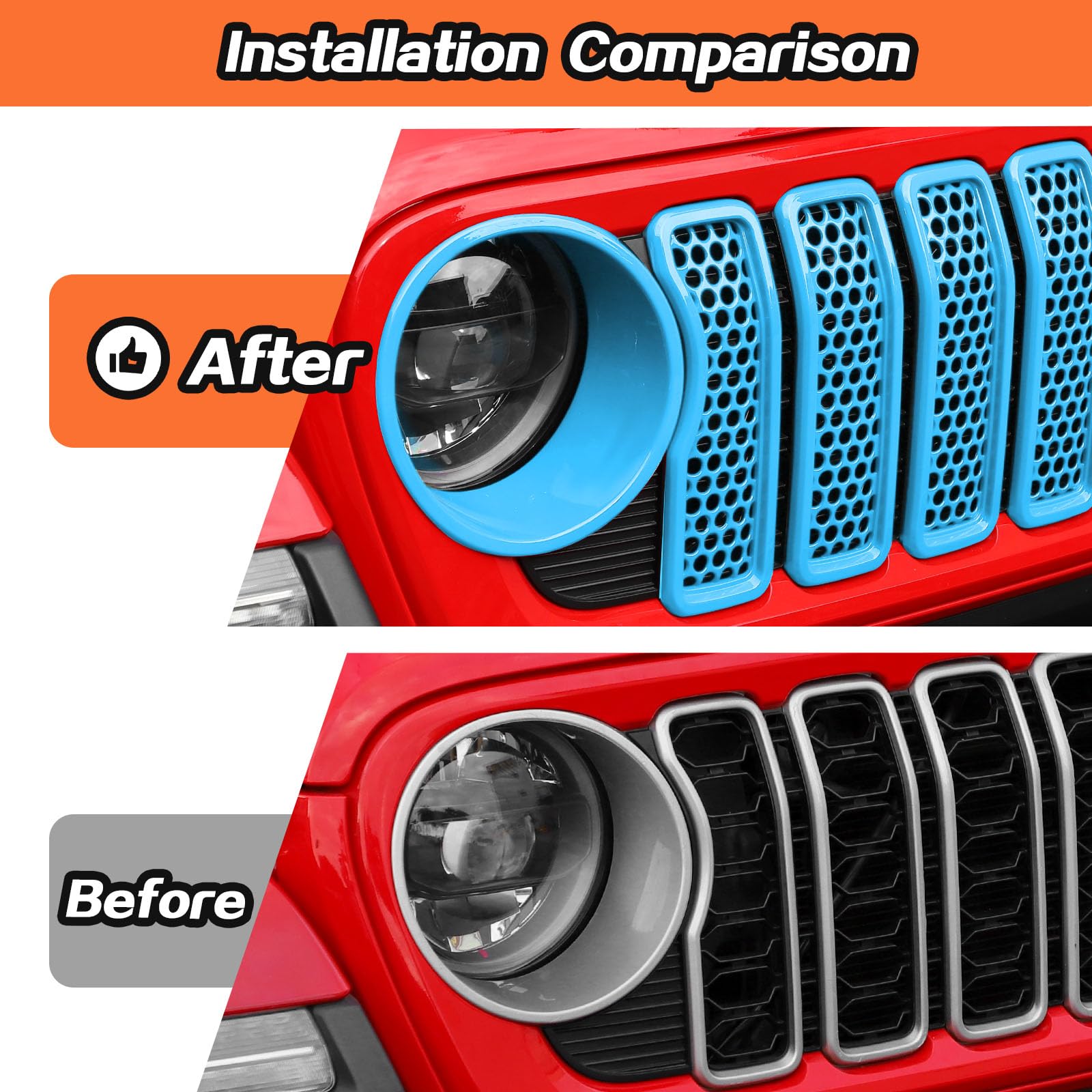 JeCar 2024+ Jeep Wrangler JL Mesh Grill Inserts & Headlight Covers - 9-Piece Light Blue Trim Accessories for Off-Road Protection & Style Upgrade
