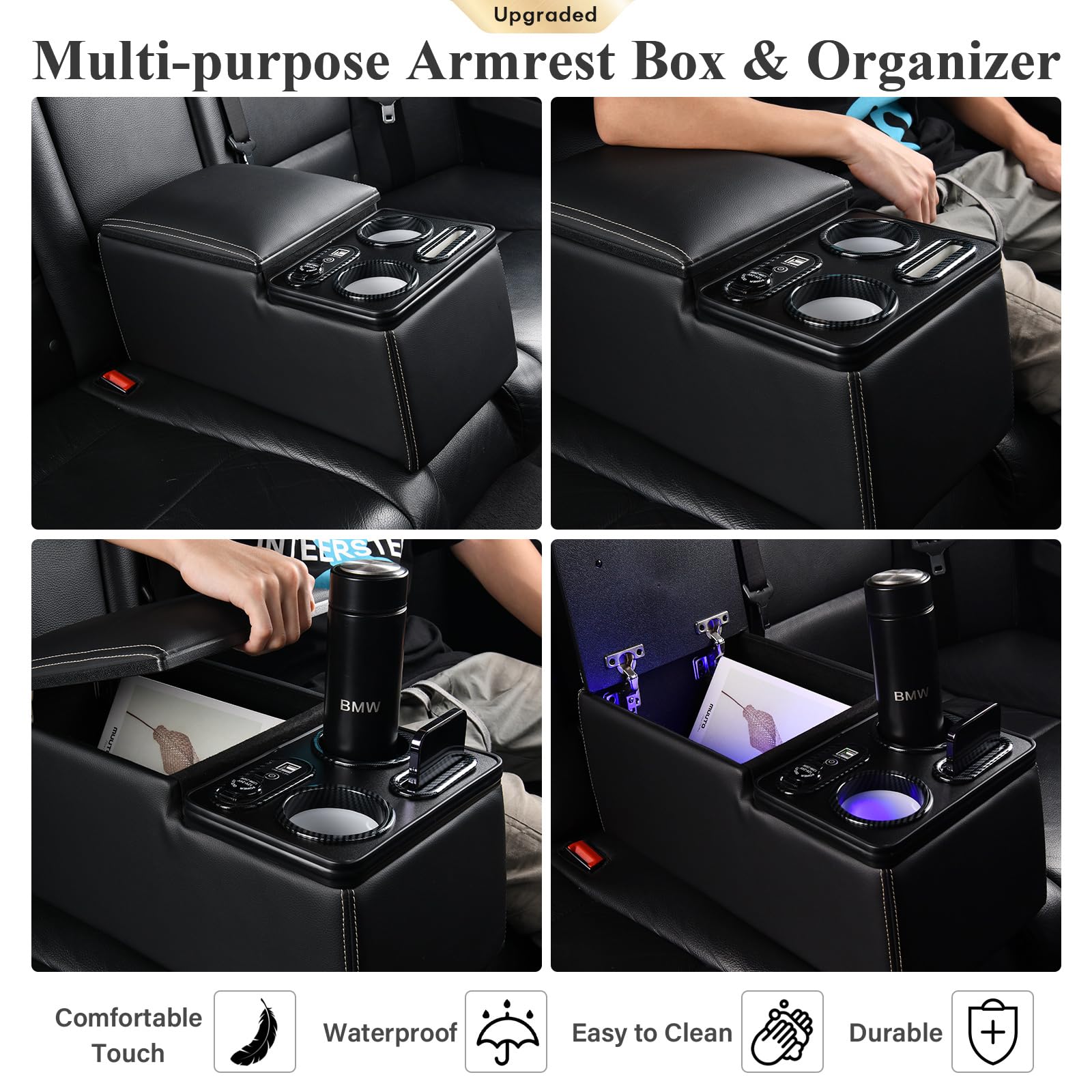 Universal Car Center Console Organizer - Rear Bench Seat Storage with Cup Holders & Phone Holder, Black Automotive Armrest Box for Cars, SUVs & Trucks - Perfect for Road Trips, Family Travel & Daily Commute