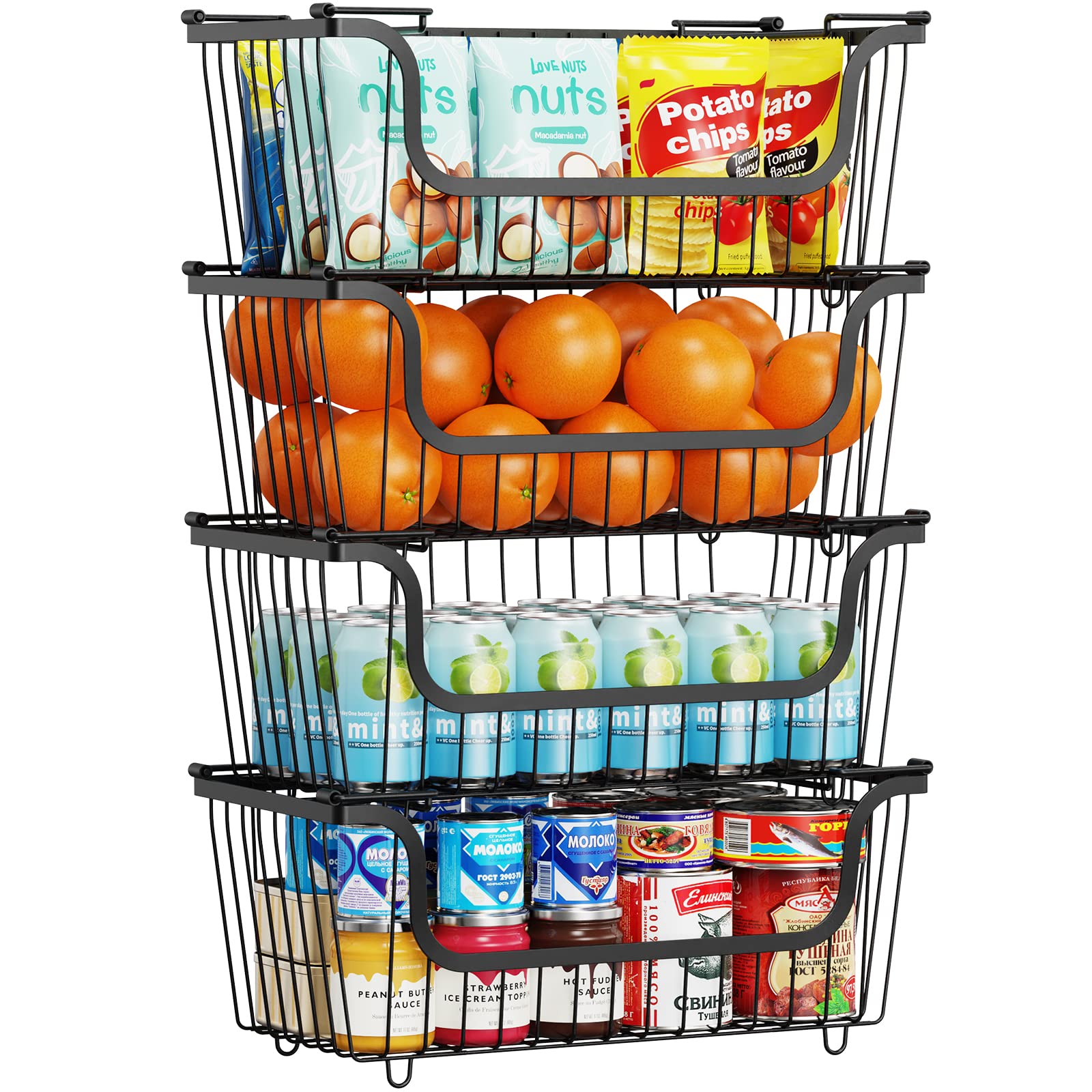 iSPECLE 4 Pack Stackable Freezer Baskets with Handles - Black Chest Freezer Organizer for Food Storage, Pantry Organization | Perfect for Frozen Vegetables, Meat Storage & Bulk Food Organization in Home or Commercial Freezers
