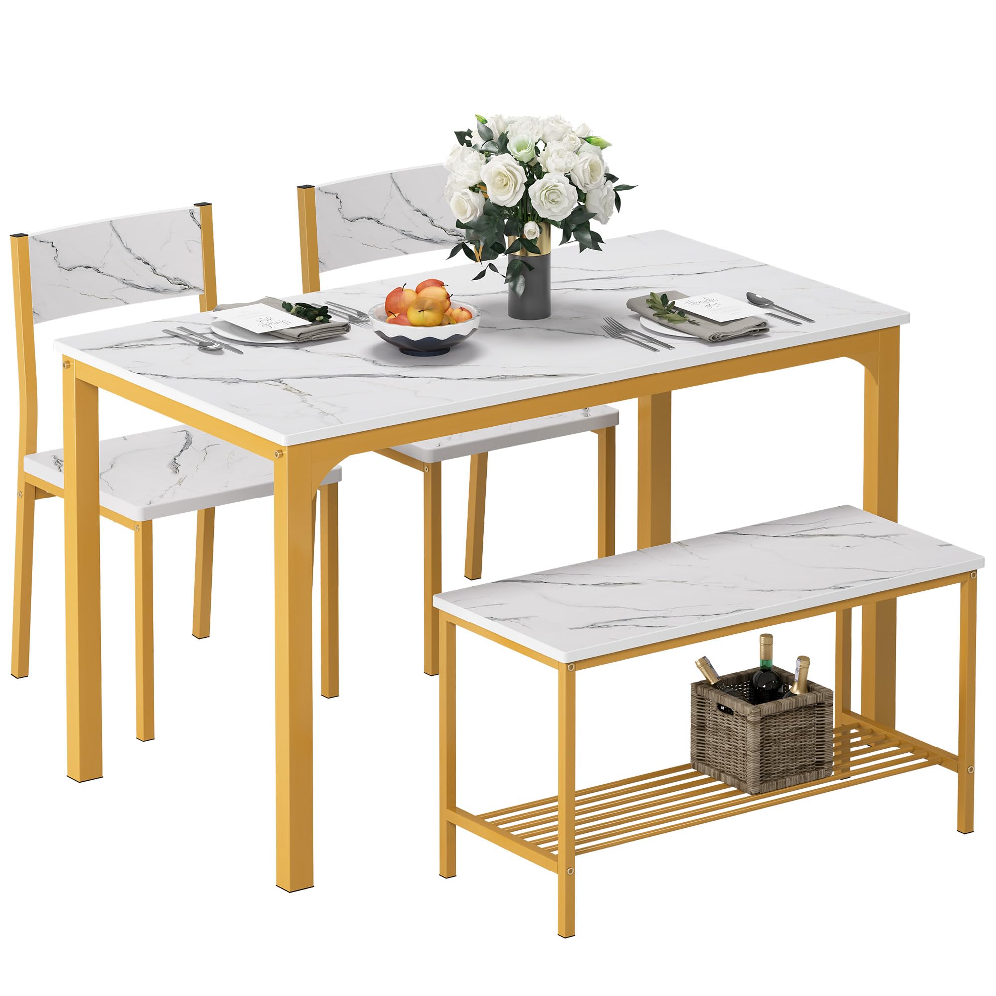 SogesPower 4-Person Dining Table Set with 2 Chairs & 1 Bench - Golden Kitchen Table for Small Spaces, Restaurants & Home Dining Rooms | Perfect for Breakfast Nooks, Apartment Living & Compact Kitchen Areas