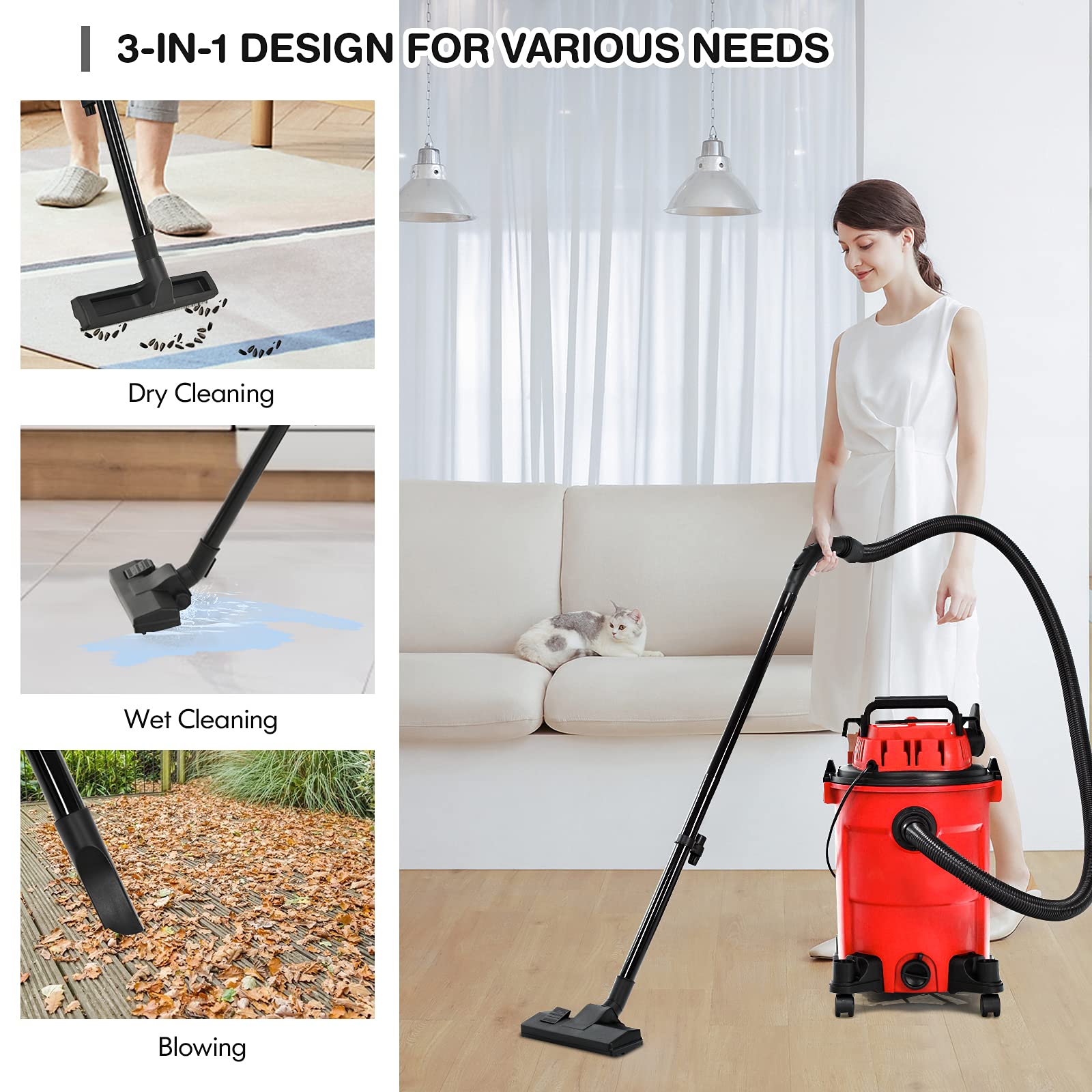 COSTWAY 3-in-1 Wet/Dry Vacuum Cleaner with Blower | 6.6 Gallon 4.8 HP Powerful Suction | Safety Protection & Portable Design | Ideal for Workshop, Car, Garage & Home Cleaning | 1200W Red Vacuum Cleaner for Heavy Duty Use