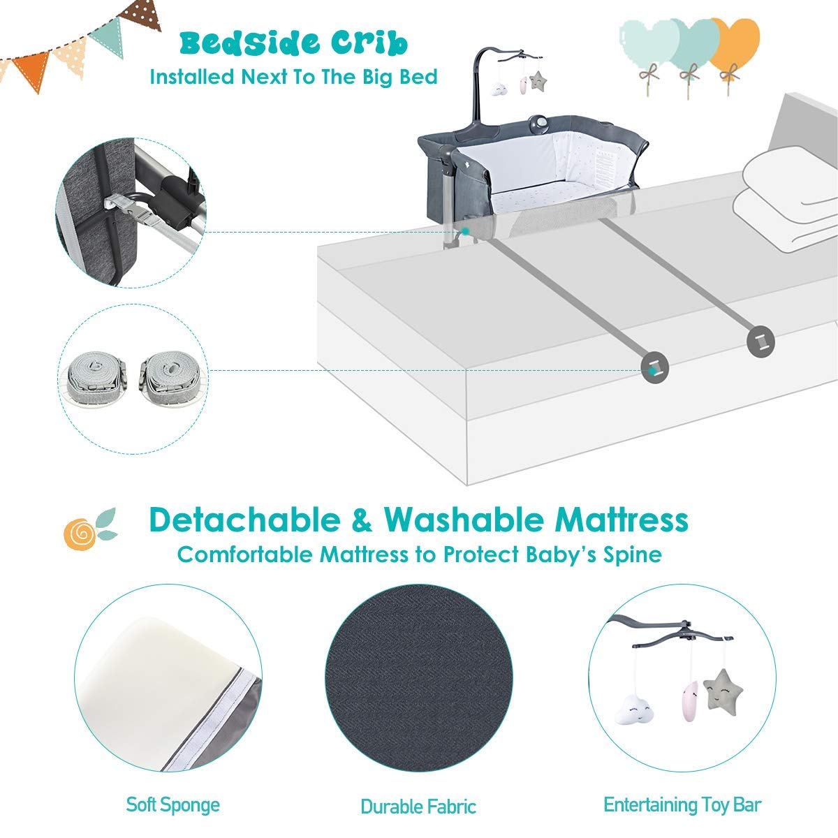 BABY JOY Adjustable Portable Baby Bassinet Crib with Music Box, Toy Rack & Mattress - Breathable Mesh Design, Foldable Travel Bassinet for Newborns - Perfect for Nursery, Bedside Sleeping & Travel (Dark Grey)
