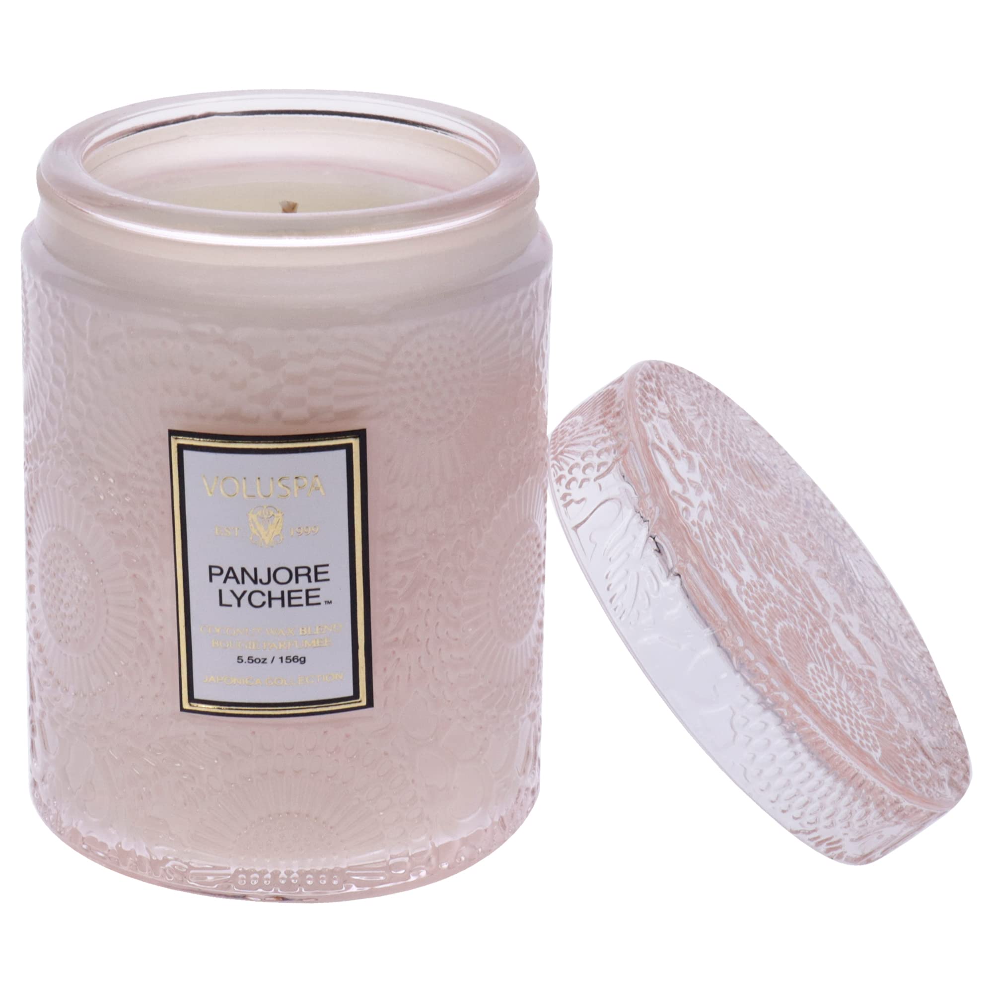 Voluspa Panjore Lychee Scented Candle - 5.5 oz Coconut Wax Jar Candle, 50 Hour Burn Time, Handcrafted in USA | Clean Burning, Home Decor, Romantic Ambiance, Spa Relaxation Gift