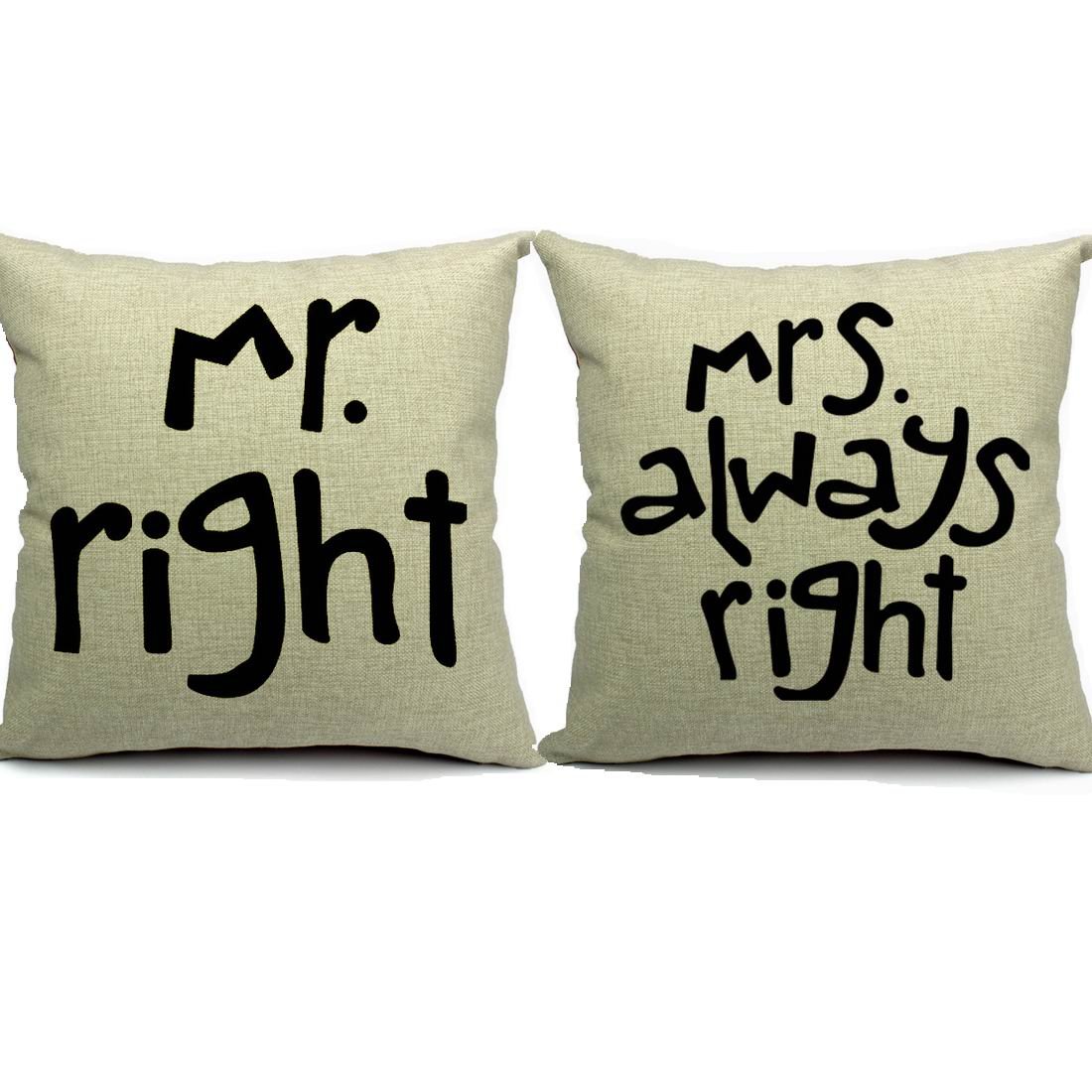 Vintage Cotton Linen Throw Pillow Covers 18x18 Inch - Mr Right & Mrs Always Right Couple Cushion Covers for Sofa, Bed, Home Decor, Wedding Gift, Anniversary Present