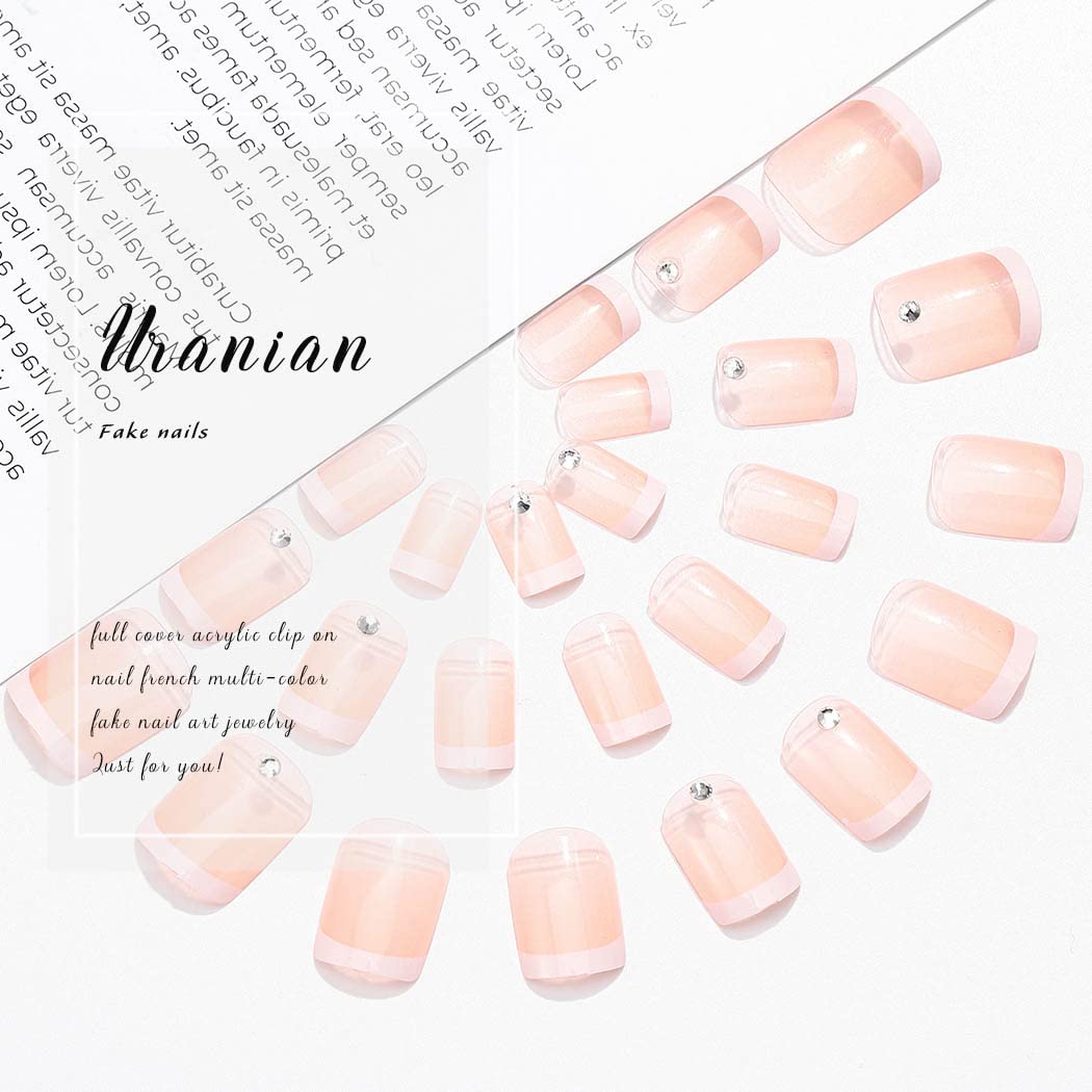 Uranian French Press on Nails - White Short Square Fake Nails with Rhinestones, Transparent Glossy Acrylic Full Cover False Nails for Women & Girls (24pcs) - Perfect for Parties, Weddings, and Special Occasions