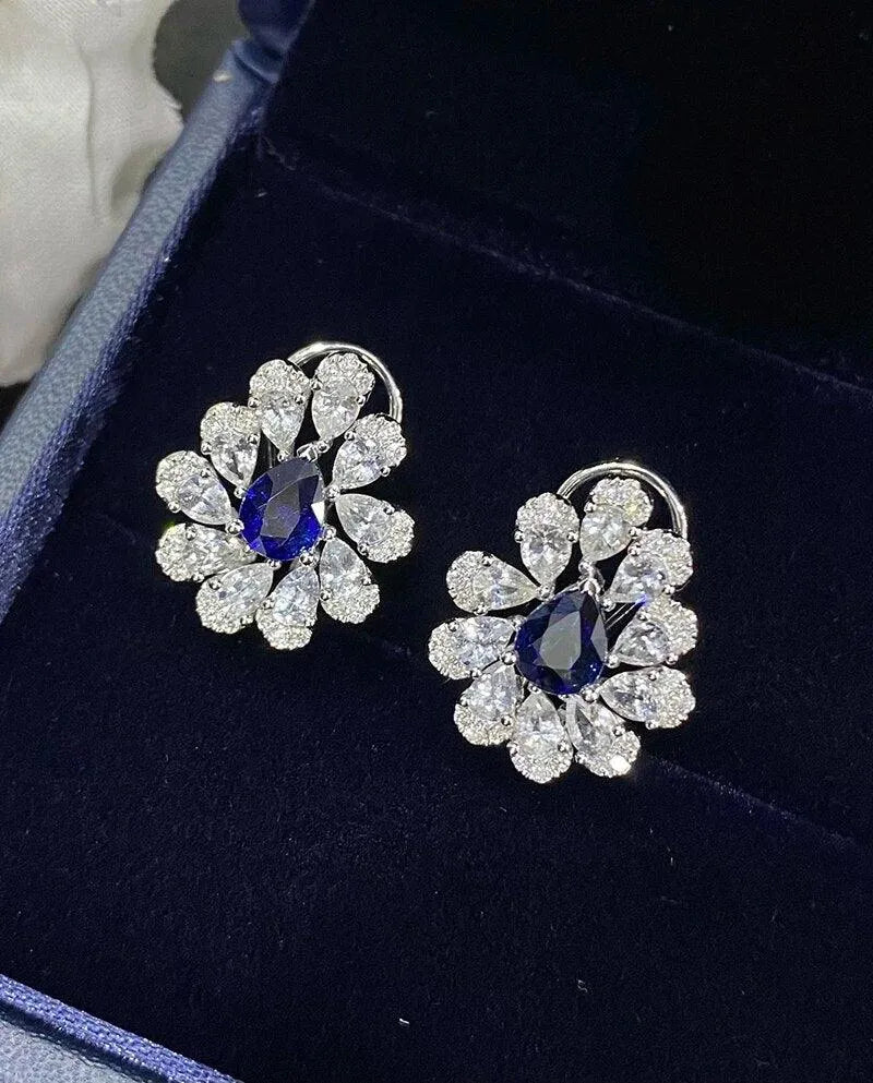 18K White Gold Earrings with Natural Blue Sapphire & Diamonds | Luxury Flower Jewelry for Women | Perfect for Weddings, Anniversaries & Special Occasions