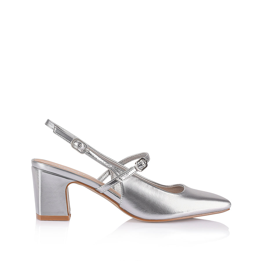 Lolita Slingback Block Heels - Silver Metallic Chunky Heel Shoes for Women | Vintage Retro Party Pumps for Cosplay, Weddings & Special Occasions