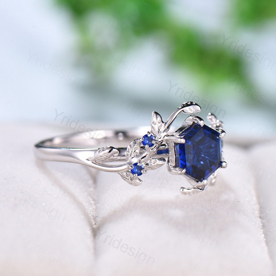 Elegant Hexagon Cut Blue Sapphire Ring in White Gold - Vintage Unique September Birthstone Engagement & Wedding Ring for Women | Perfect for Proposals, Anniversaries, and Special Occasions