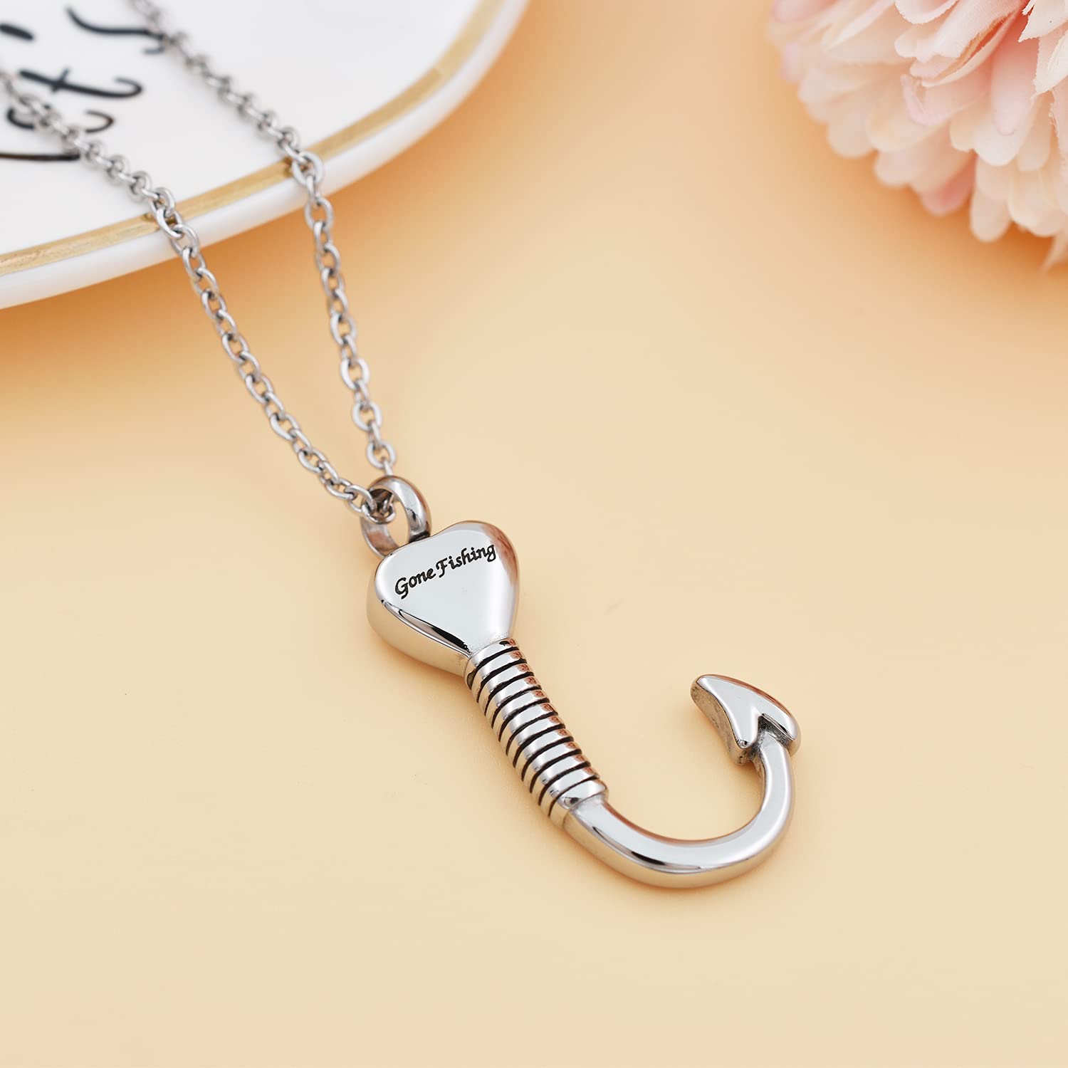 316L Stainless Steel Fish Hook Memorial Pendant - Cremation Jewelry for Ashes Keepsake - Fishing Enthusiast Tribute