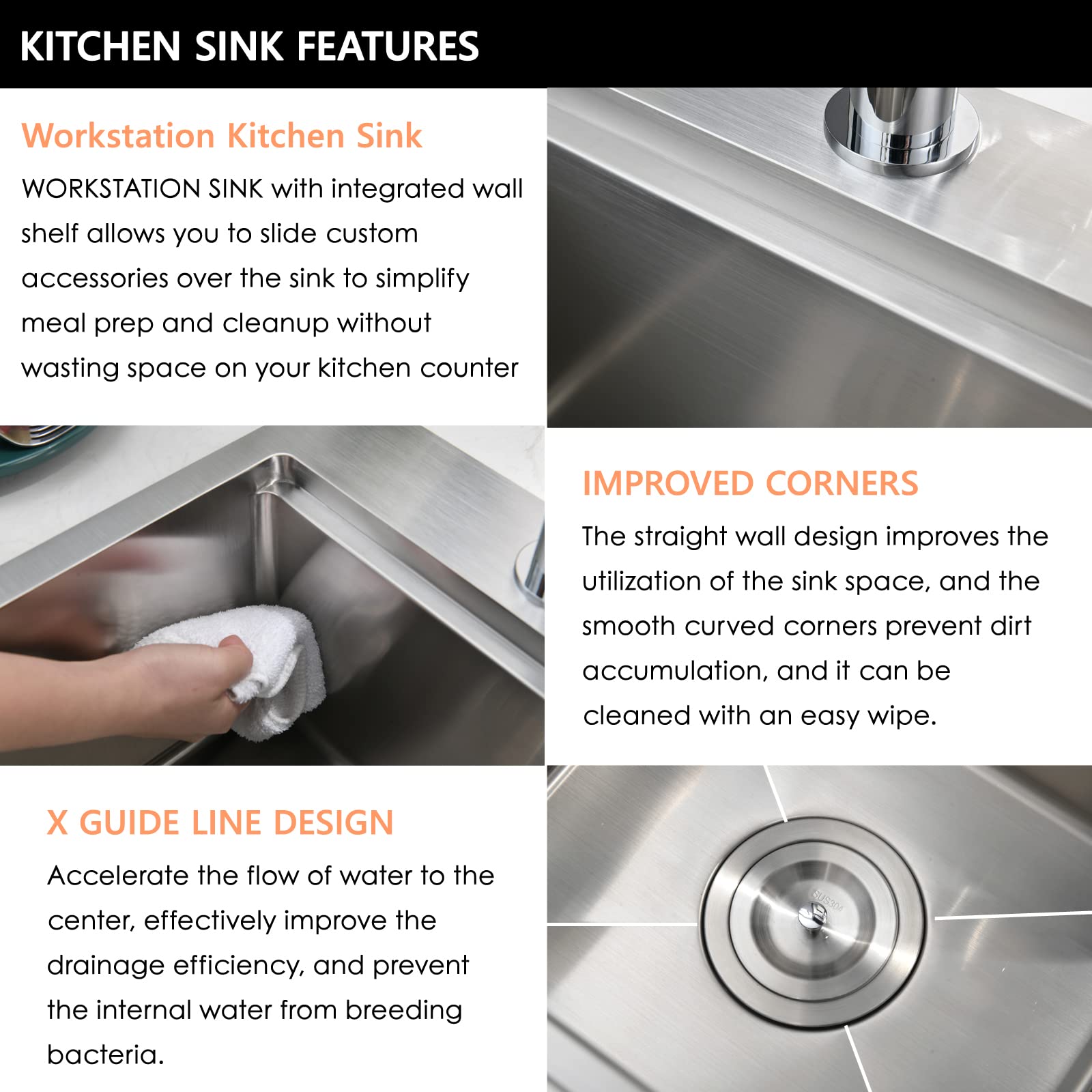 15x15 Inch Drop-in Bar Sink Workstation - 16 Gauge Stainless Steel Single Bowl Small Kitchen Sink with Cutting Board for Outdoor RV, Camper, Tiny House & Home Bar Use