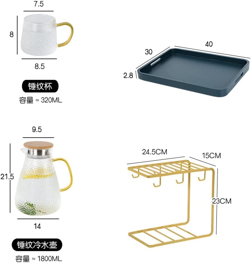 Sturdy Hammer Pattern Glass Cup Set with Handle - 4-Piece Drinking Glasses & Tea Kettle for Home, Living Room, Kitchen - Perfect for Iced Tea, Coffee, and Beverage Serving (One Color)