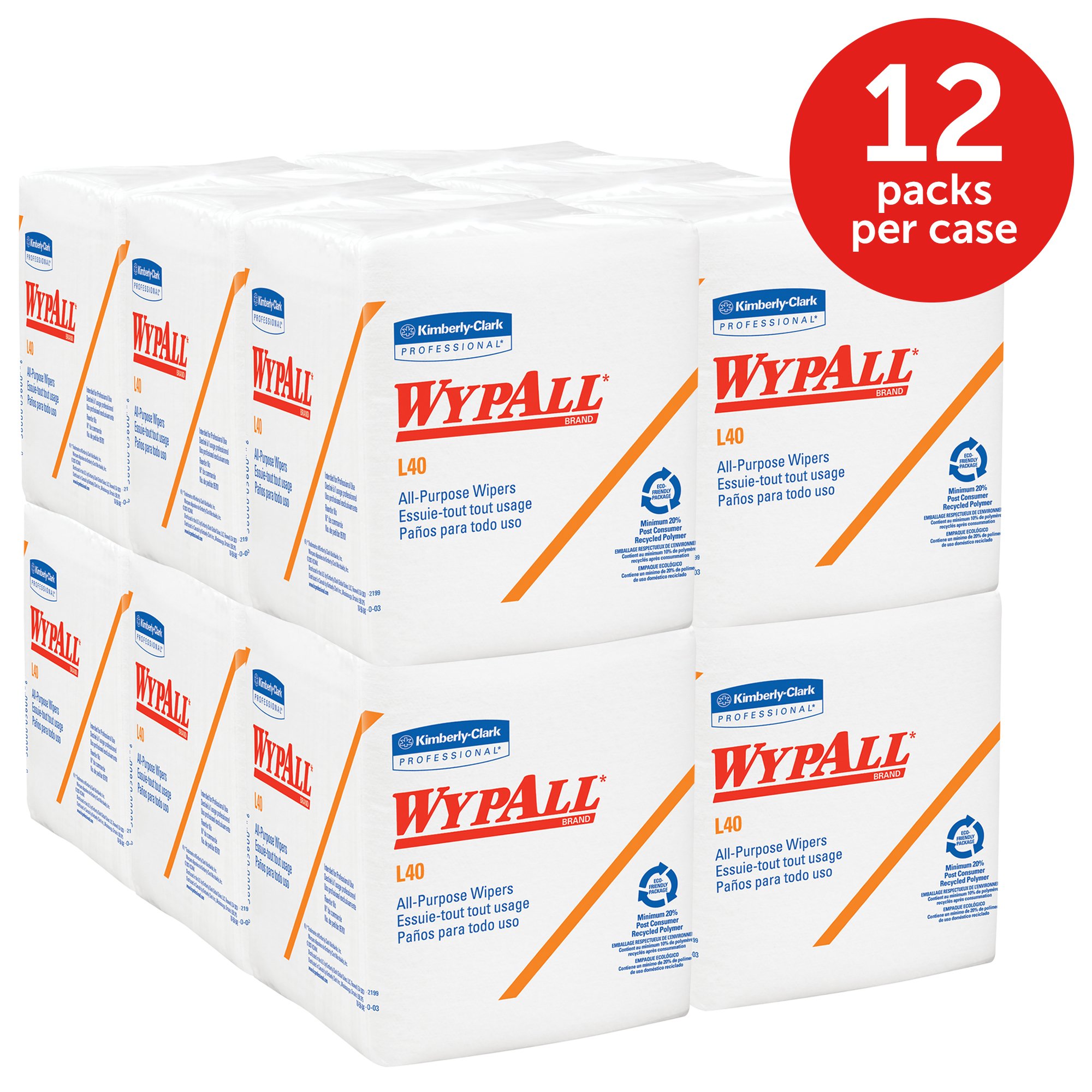 Kimberly-Clark WypAll L40 Disposable Cleaning Towels - White, 12 Packs (56 Sheets Each) - 672 Total Sheets - Industrial & Household Cleaning Wipes for Workshops, Kitchens & Garages