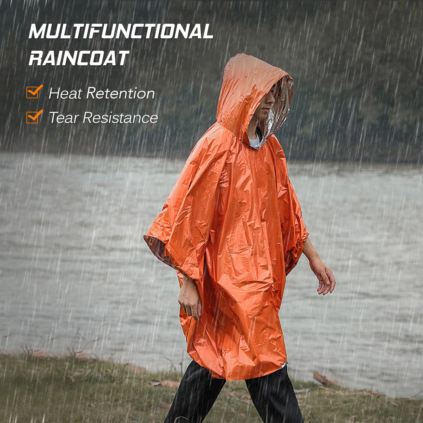 Emergency Thermal Rain Poncho - Waterproof & Windproof Survival Gear for Hiking, Camping & Outdoor Adventures - Lightweight & Compact for Emergency Kits