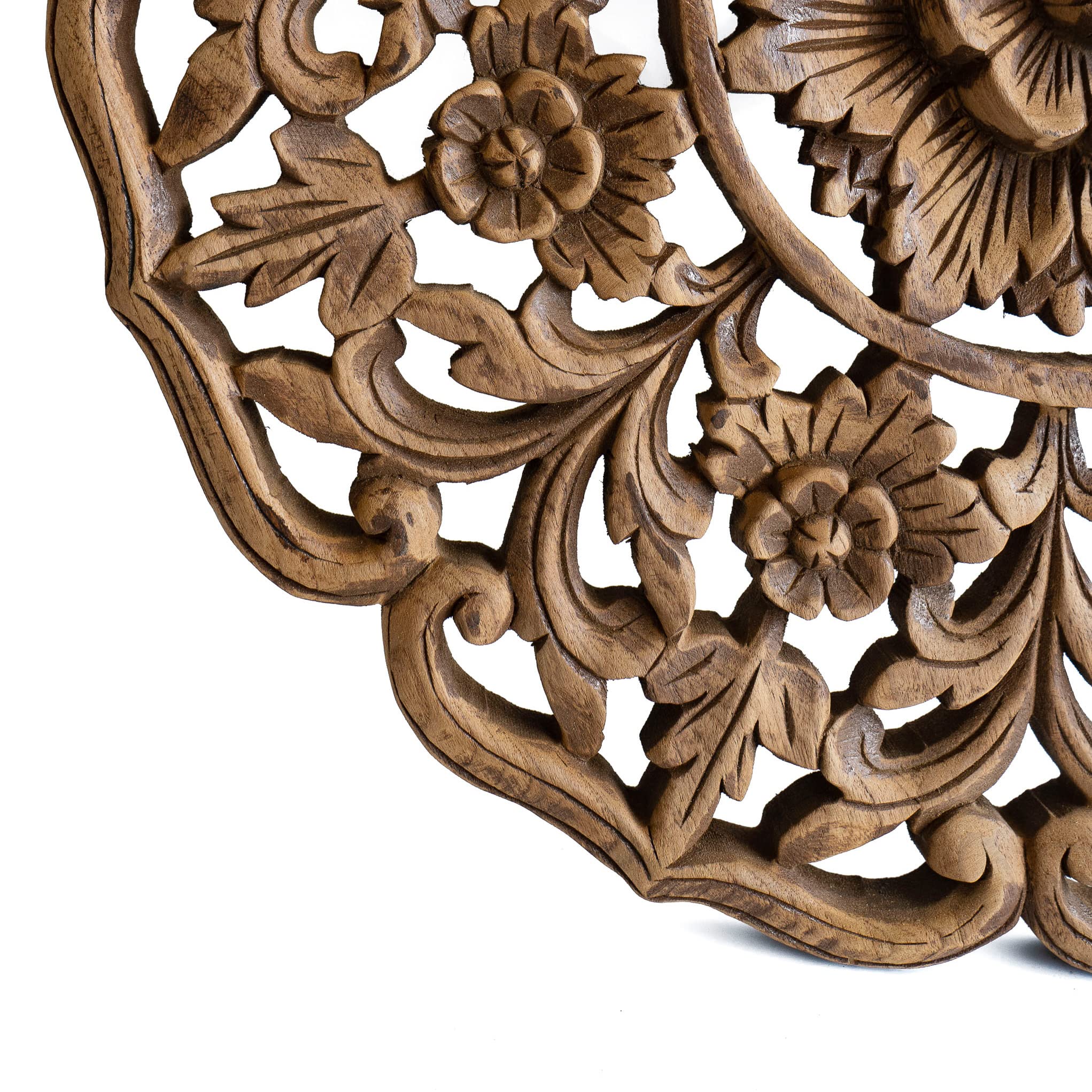 Handmade Teak Wood Lotus Circle Medallion Wall Hanging - 24 Inch Rustic Brown Carved Wood Art for Home Decor, Living Room, Bedroom & Boho Style Interiors