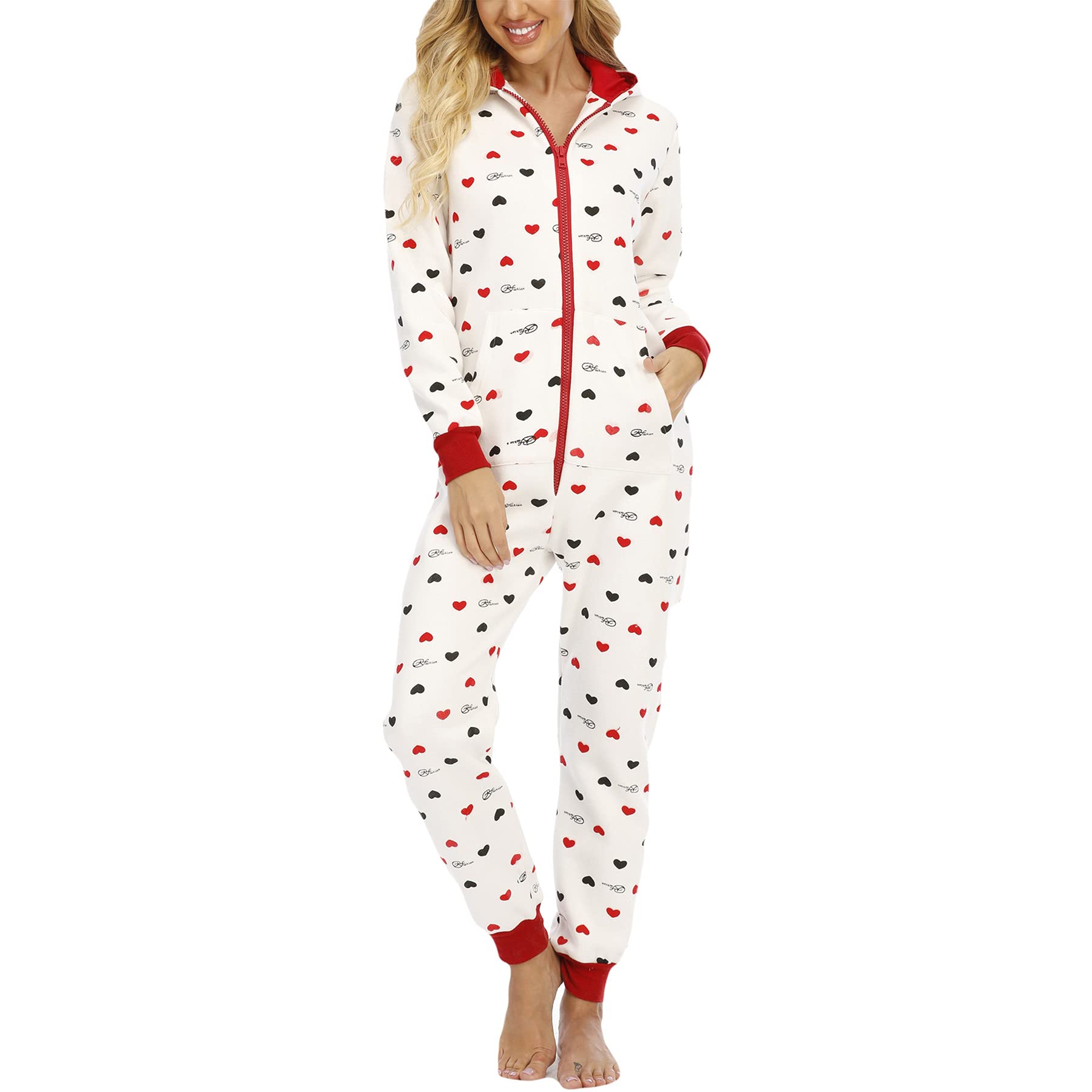 LZJDS Women's Hooded Onesie Pajamas - Soft Cotton Printed Long Sleeve Zipper Jumpsuit Pajama Set for Sleeping, Lounging & Winter Comfort