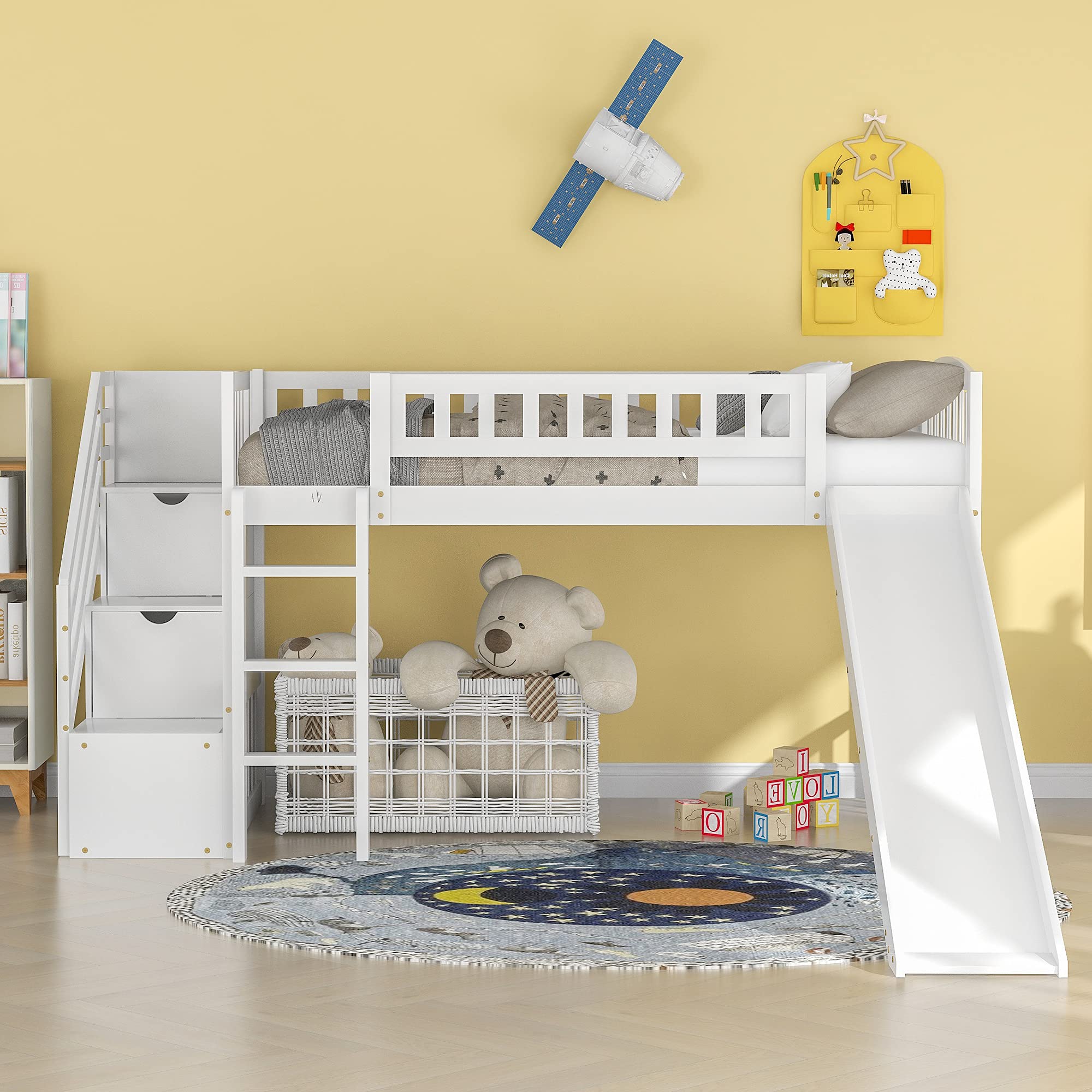 **White Twin Loft Bed with Slide & Stairs - Wooden Low Loft Bed Frame with Storage for Kids, Boys & Girls - Perfect for Small Rooms, Playrooms & Kids' Bedrooms**