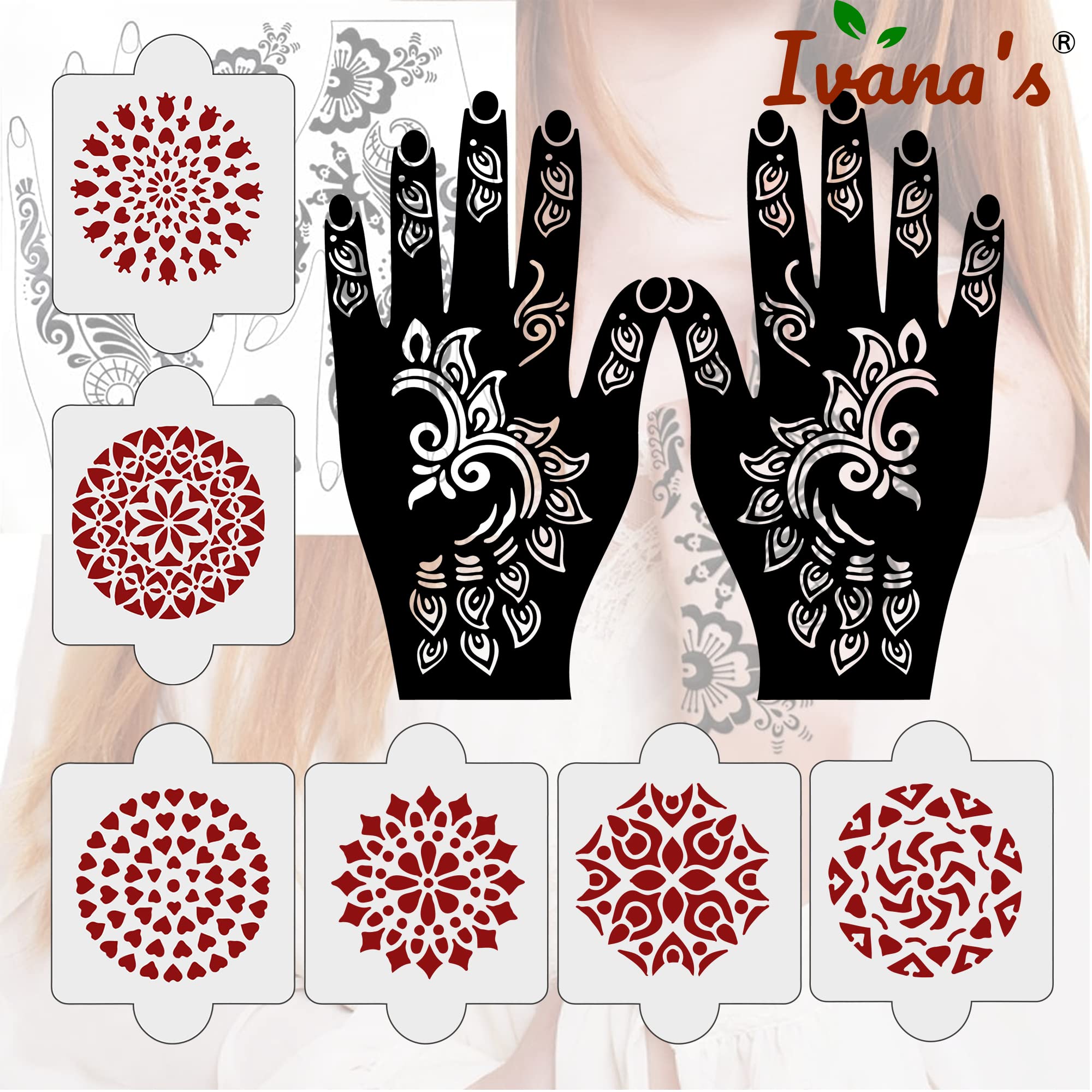8-Piece Henna Tattoo Stencil Kit - 2 Henna Stencils & 6 Reusable PVC Laser-Cut Stencils for Women, Girls & Kids | Easy Application for Full Hand Mehndi Designs | Perfect for Weddings, Festivals & DIY Body Art (IVNH-1115)