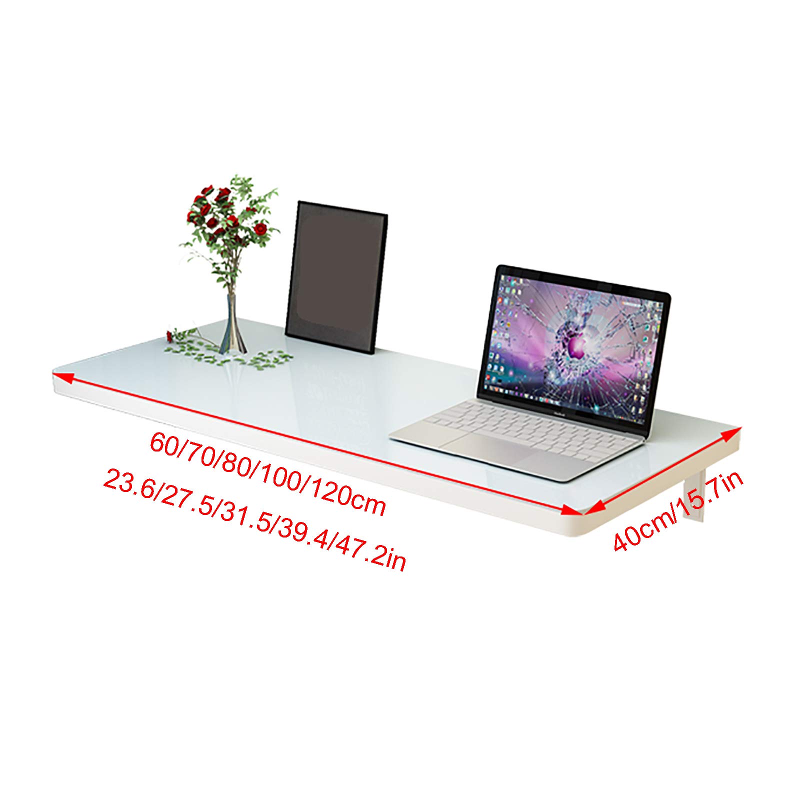 White Marble Pattern Tempered Glass Wall Mounted Folding Table - Drop-Leaf Computer Desk, Kitchen Dining Table & Floating Writing Desk for Home Office, Bar & Small Spaces