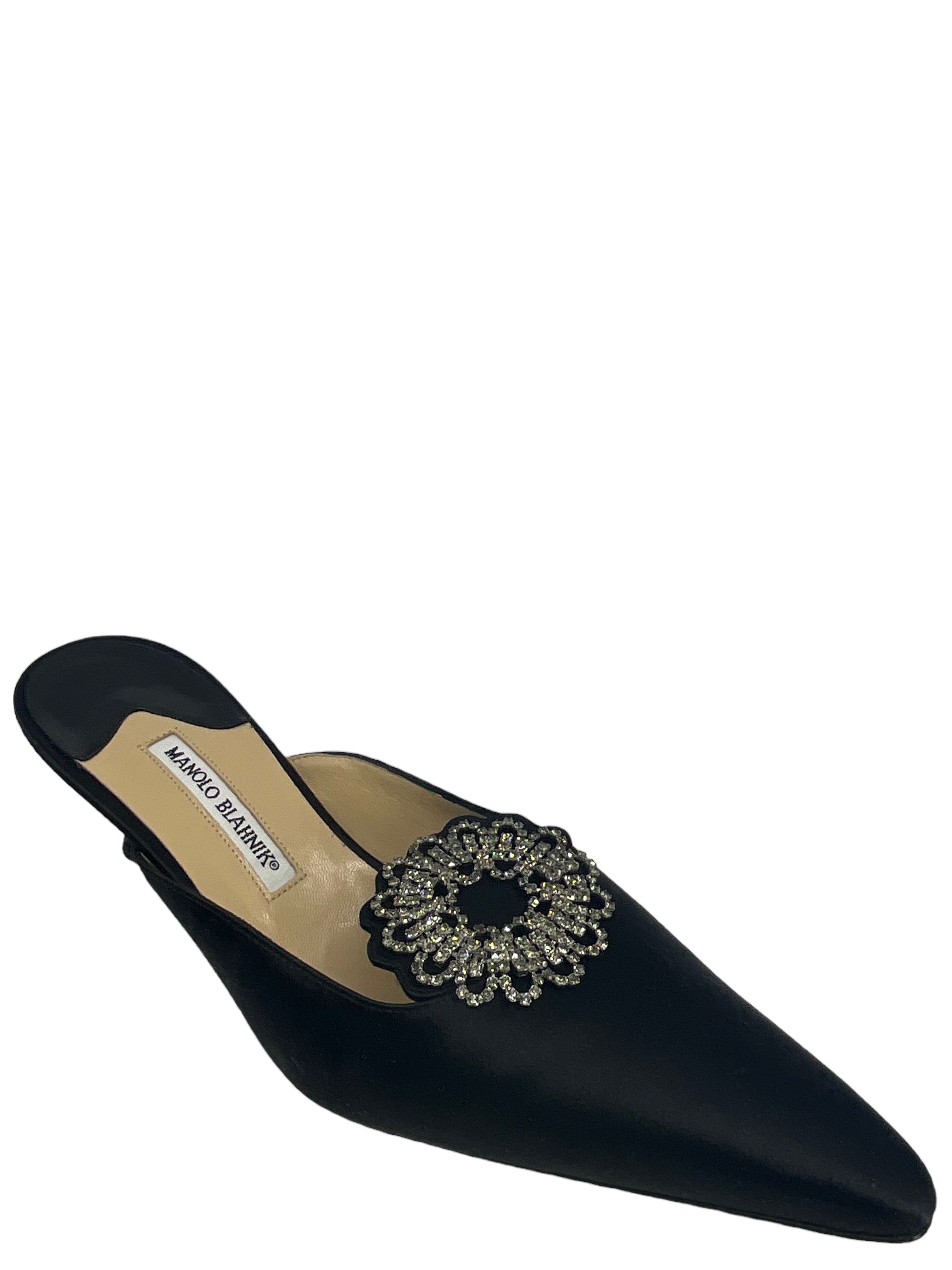 Manolo Blahnik Women's Crystal Embellished Satin Mules Size 11 - Elegant High Heel Slides for Weddings, Parties & Special Occasions