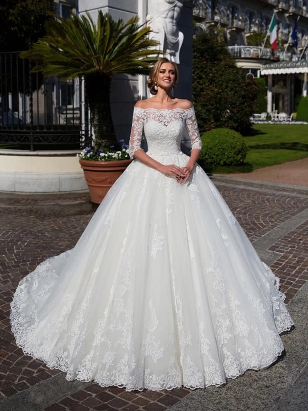 Elegant Off The Shoulder Wedding Dress with 3/4 Sleeves & Lace Tulle Details – Romantic Bridal Gown for Women – Perfect for Beach Weddings, Vow Renewals & Formal Ceremonies