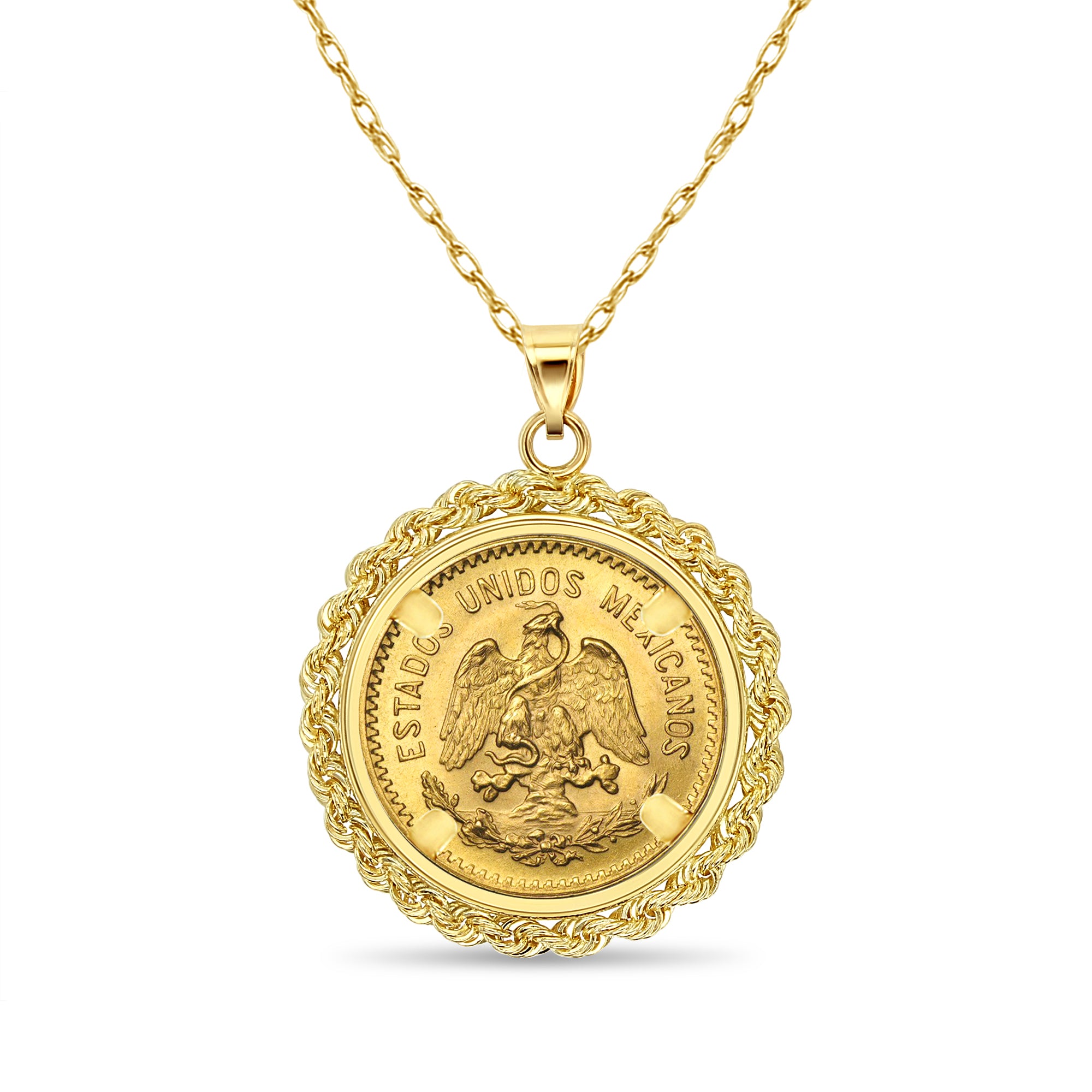 14k Yellow Gold Diez Pesos Coin Necklace with Rope Bezel - Vintage Mexican Jewelry for Women, Perfect Gift for Birthday, Anniversary & Special Occasions
