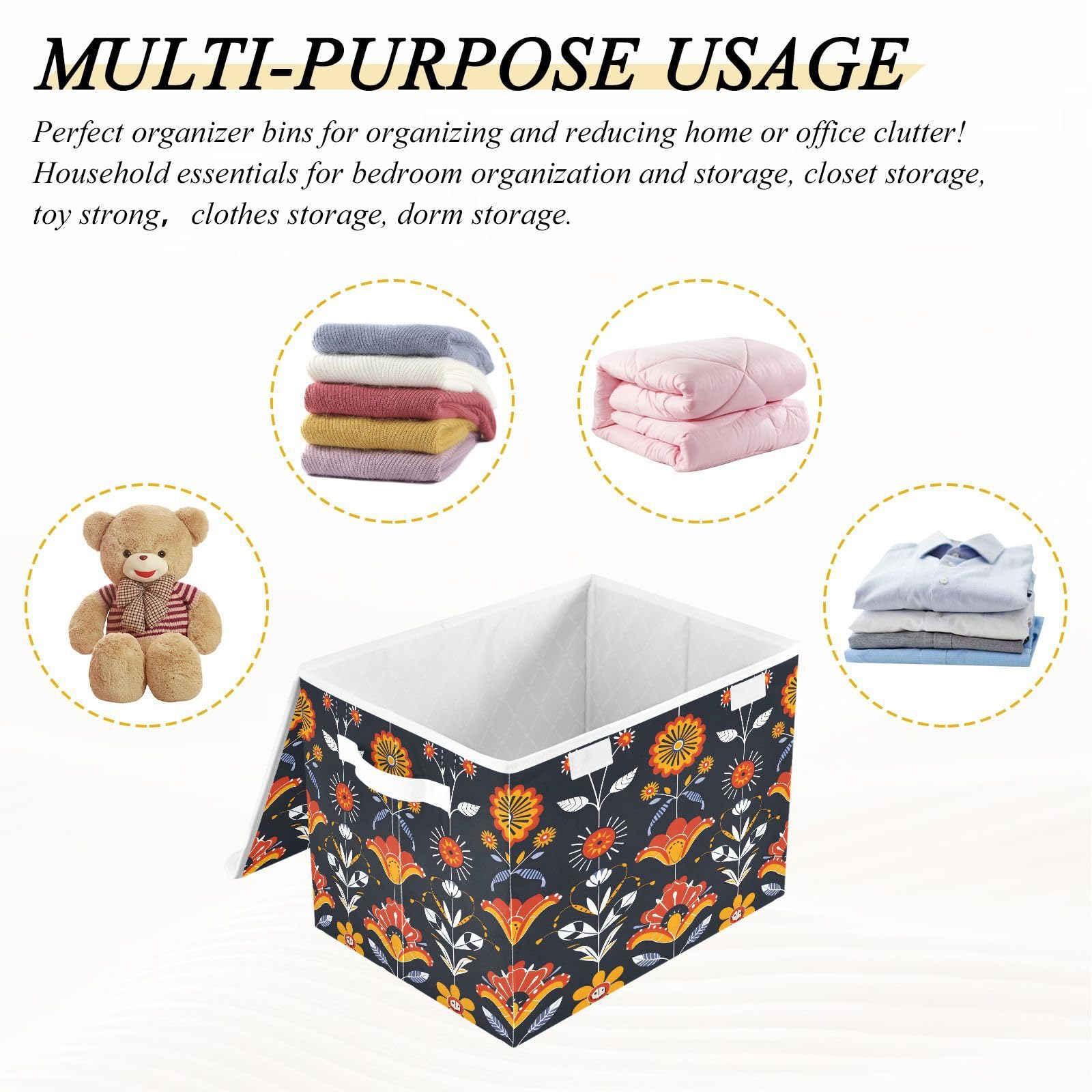Floral Pattern Fabric Storage Bins with Lids - Foldable Collapsible Organizer Containers for Home, Bedroom, Closet & Office - Perfect for Seasonal Decor, Laundry, and Toy Storage