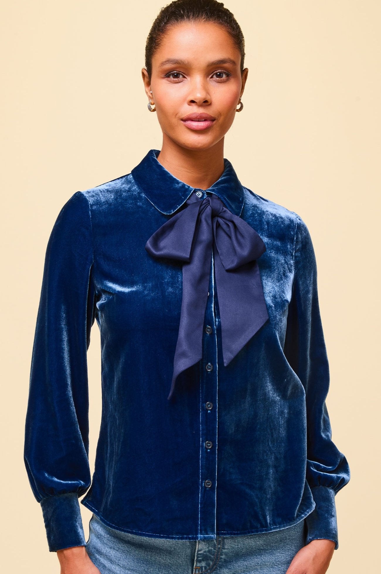 Ffion Velvet Shirt for Women - Soft Luxe Stretch Fabric, Blue Sapphire Color, Elegant Long Sleeve Blouse for Office, Date Night & Special Occasions