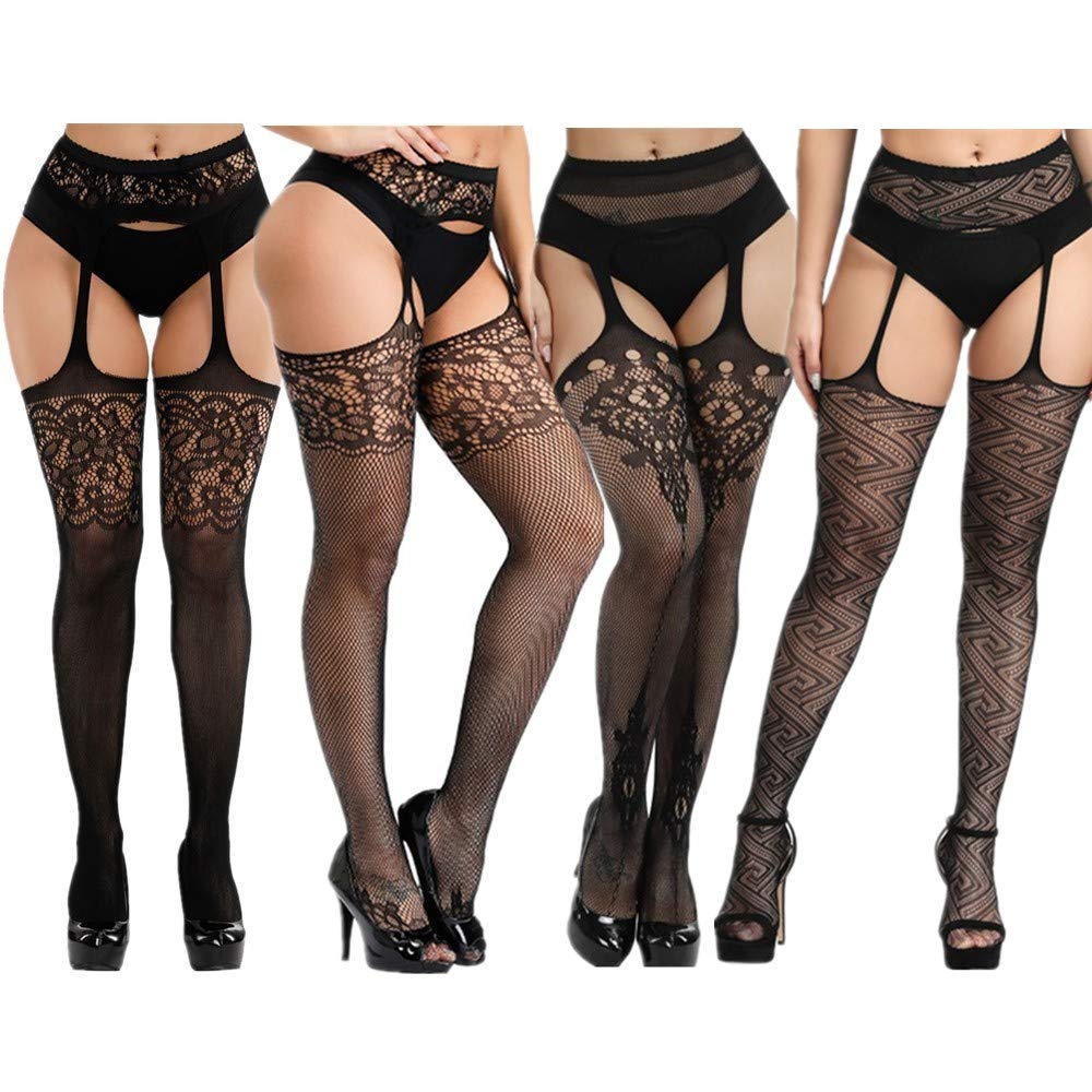 Plus Size Women's Sexy Lace Patterned Tights - Fishnet Floral Stockings High Waist Pantyhose (4 Pairs) for Girls & Ladies - Perfect for Date Night, Cosplay & Fashion Outfits