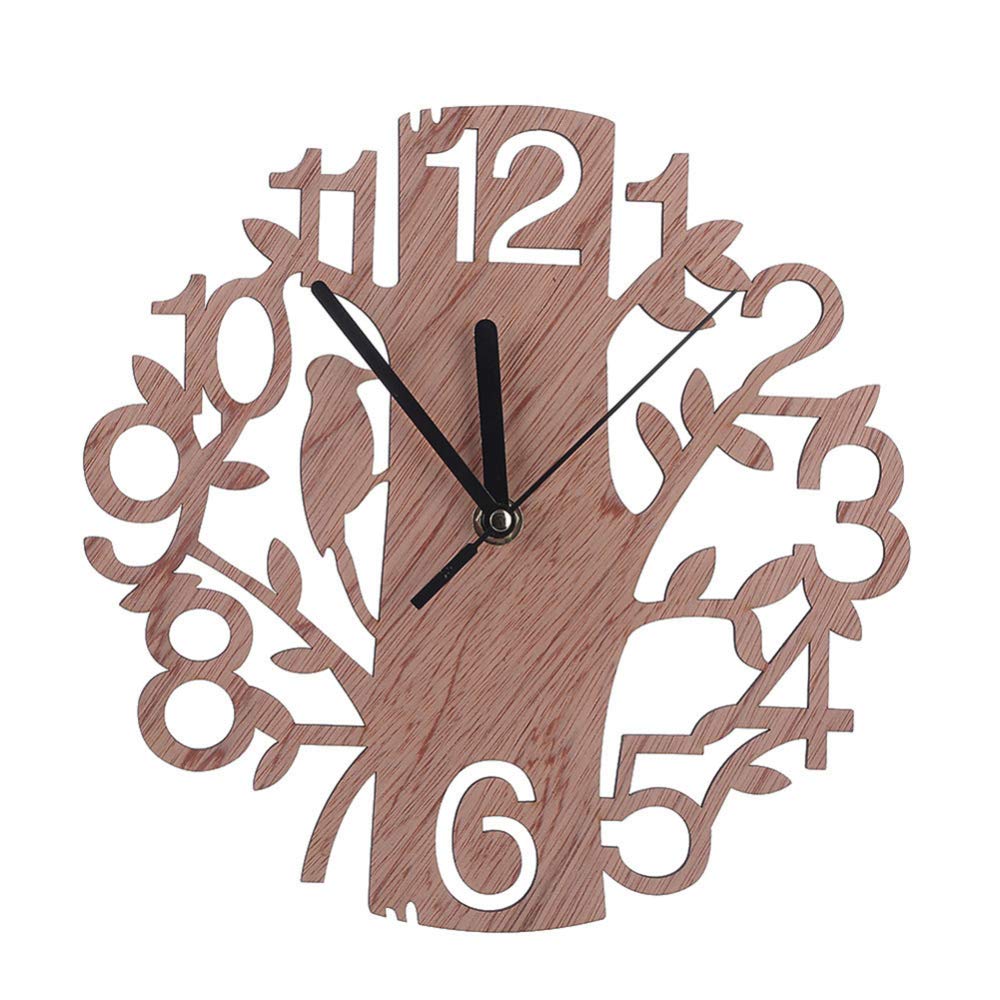 Gigicloud 22cm Wooden Wall Clock with 3D Tree & Bird Design - Vintage Wooden Tree-Shaped Decorative Clock for Home, Office, Living Room, Kitchen - Perfect for Farmhouse, Rustic, and Nature-Themed Decor (Wood Color)