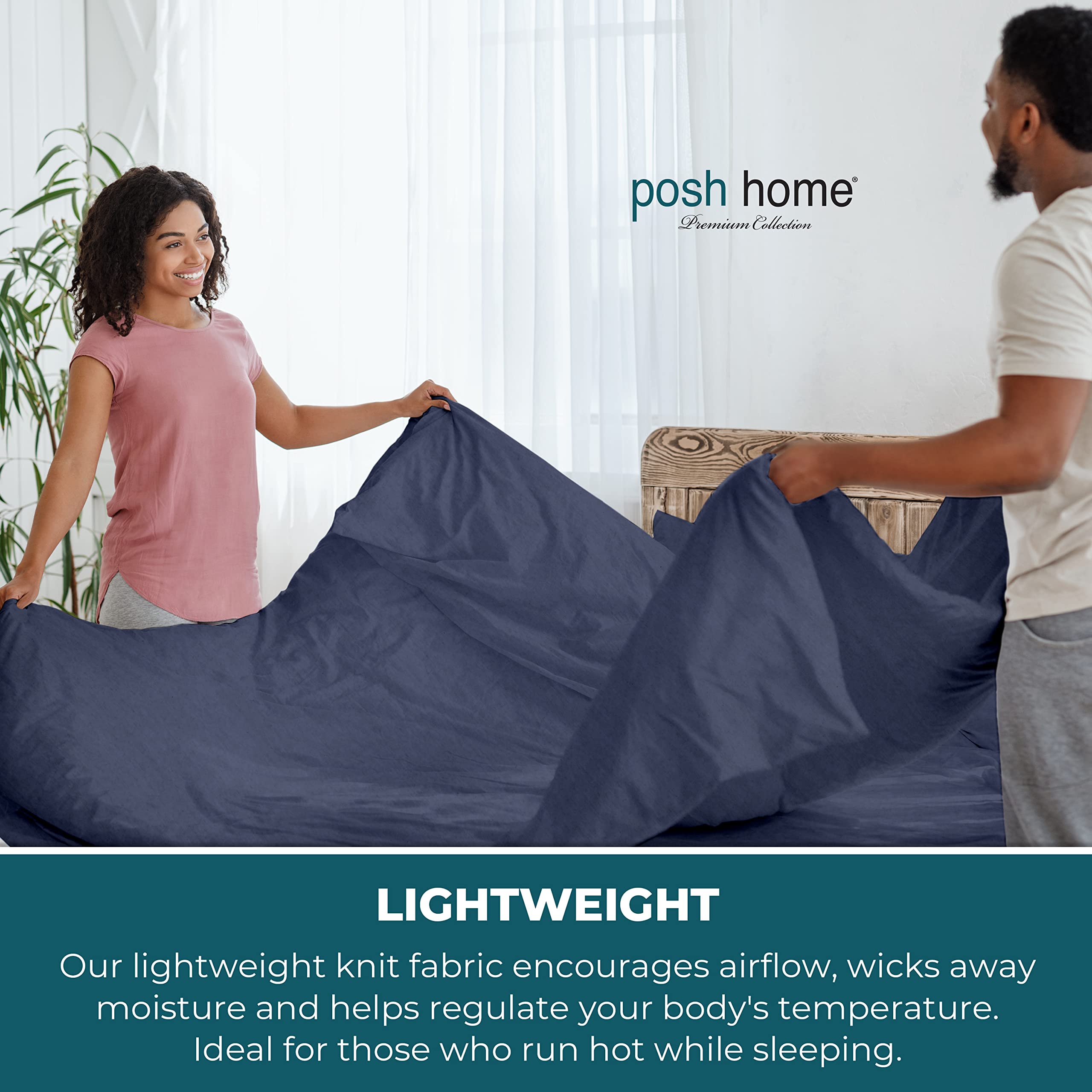 Posh Home Jersey Knit Sheet Set – 3-Piece Soft & Breathable Cotton Jersey Bed Sheets for Twin Size – Includes Flat Sheet, Fitted Sheet & Pillowcase – Navy Blue – Perfect for Cozy Nights & Comfortable Sleep