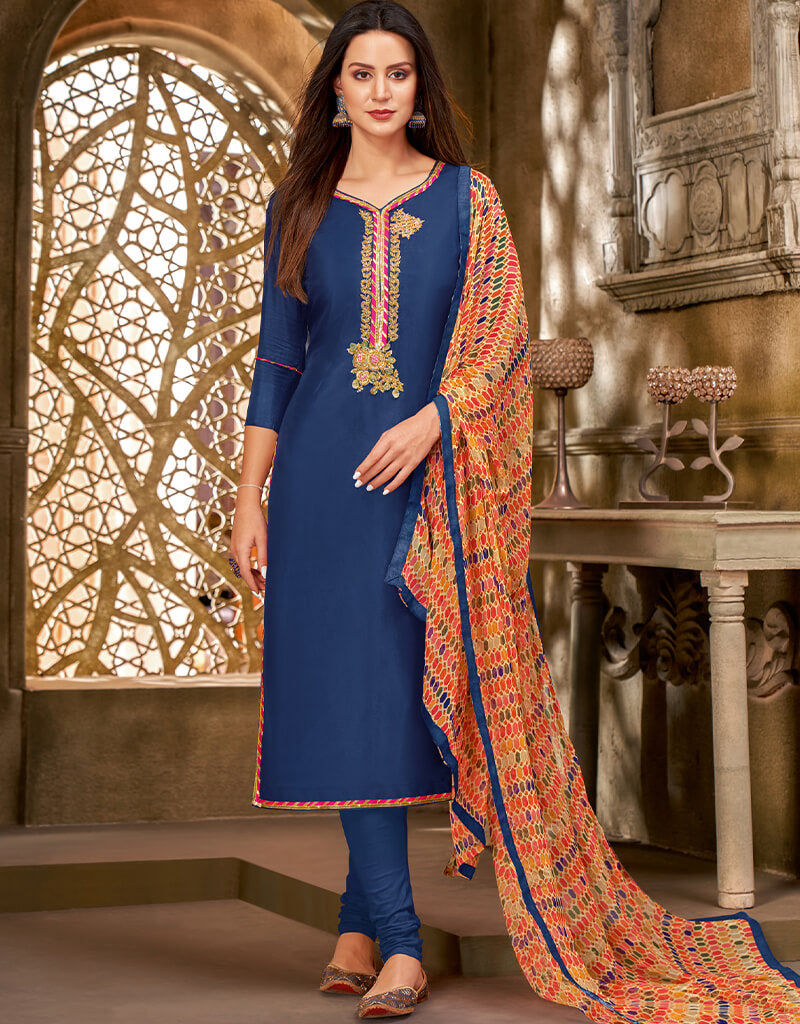 Blue Chanderi Cotton Chudidar Salwar Suits for Women - Traditional Indian Ethnic Wear for Festivals, Weddings & Special Occasions