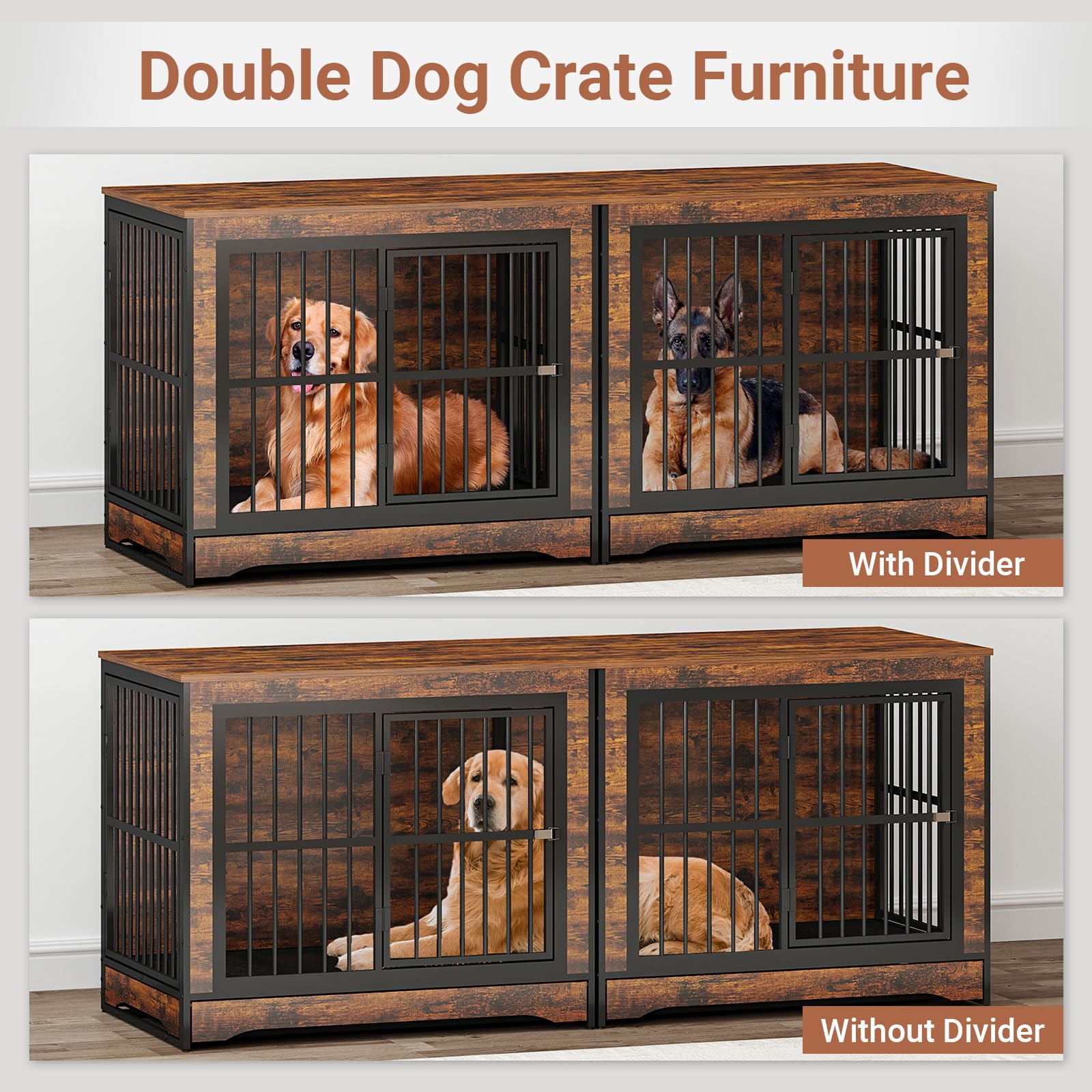 75 Inch Double Dog Crate Furniture with Divider - 4-in-1 Convertible Large Dog Kennel with Removable Trays - Rustic Brown Corner Pet Crate for Small, Medium & Large Dogs - Perfect for Living Room, Bedroom or Home Office