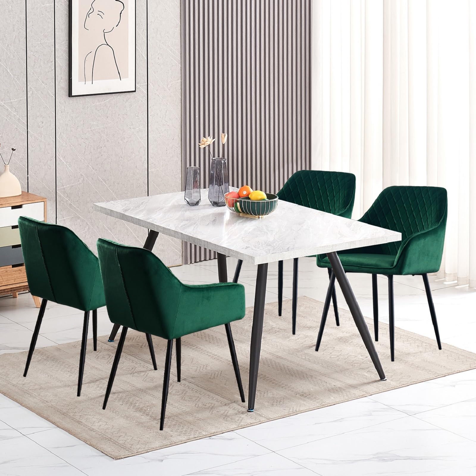 ENJAOUSLF Set of 2 Green Velvet Dining Chairs with Black Metal Legs - Modern Upholstered Armchairs for Kitchen, Living Room & Dining Room - Perfect for Small Spaces, Breakfast Nooks & Home Decor