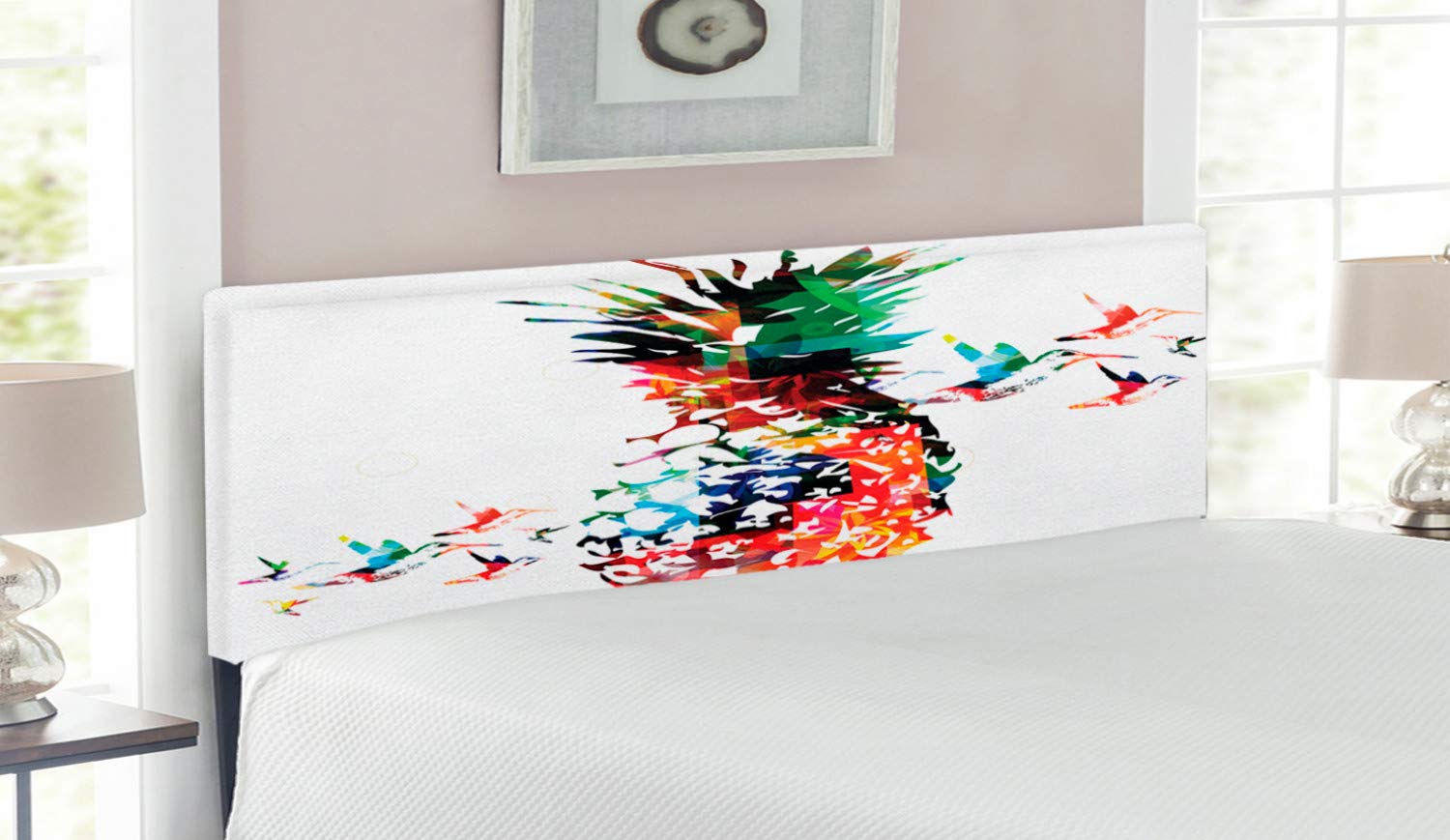 Ambesonne Pineapple Headboard - Modern Abstract Geometric Print with Scattering Birds, Upholstered Decorative Metal Bed Frame with Memory Foam - Queen Size Multicolor - Perfect for Contemporary Bedroom Decor & Guest Room Styling