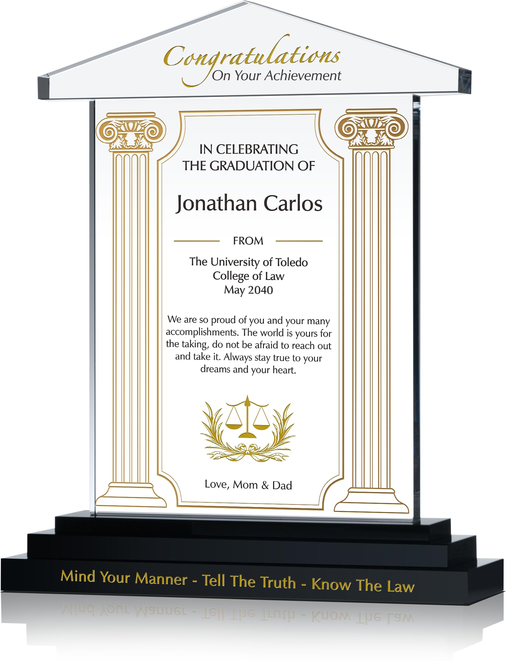 Personalized Law School Graduation Plaque - Custom Engraved with Name, Degree & School - Unique Lawyer Gift for Son, Daughter, Husband or Wife - Perfect for Office Decor & Professional Achievement Display