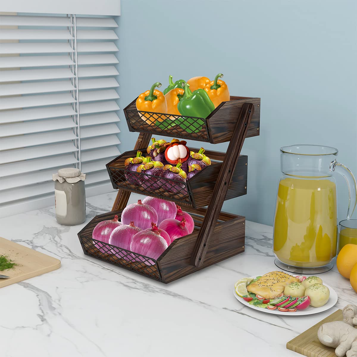 3-Tier Wooden Fruit Basket for Kitchen Countertop - Sturdy & Stylish Vegetable Holder for Apples, Bananas, Oranges - Perfect for Dining Room, Pantry & Farmhouse Decor