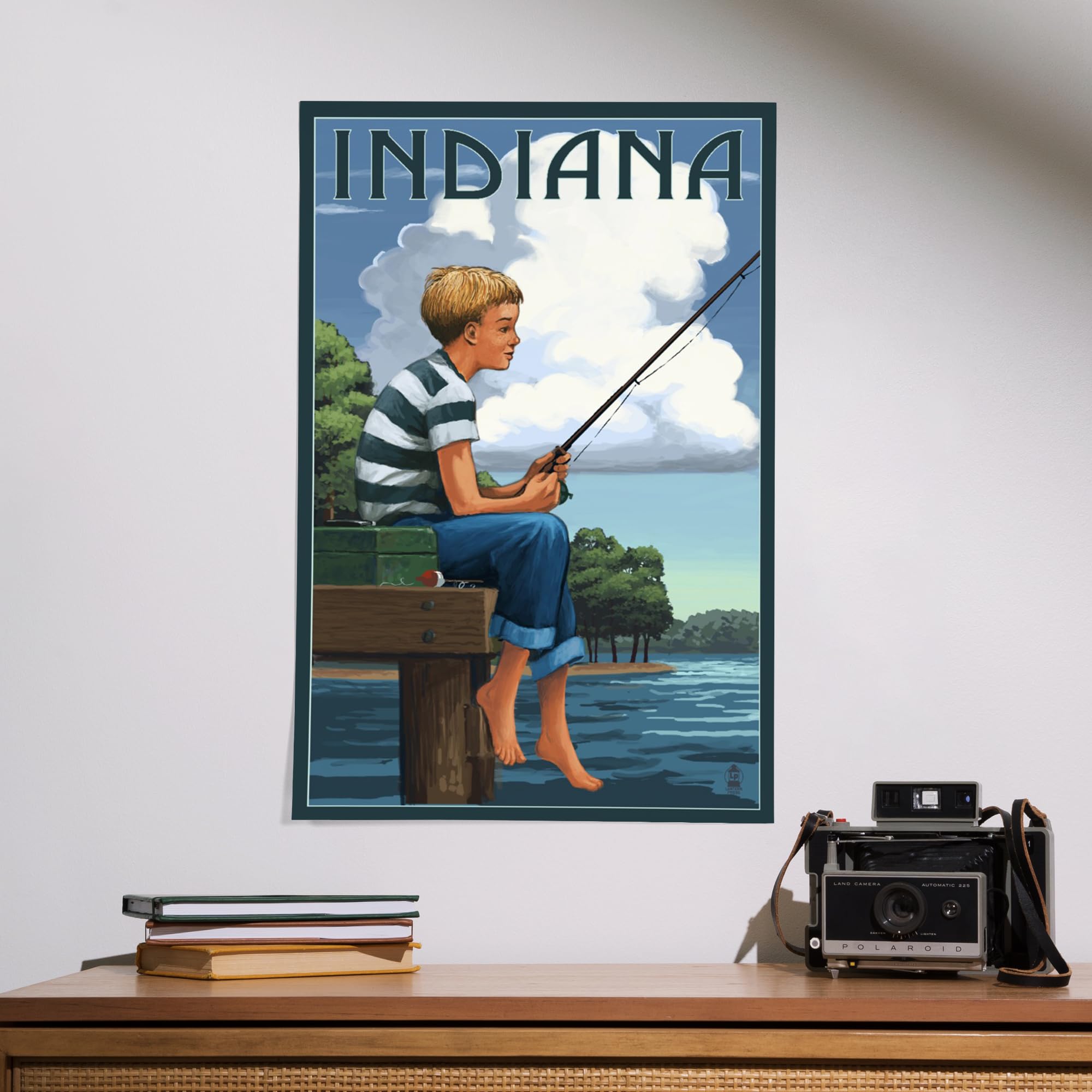 Lantern Press 16x24 Inch Giclee Art Print - Indiana Landscape with Boy Fishing - Wall Decor for Living Room, Bedroom & Office