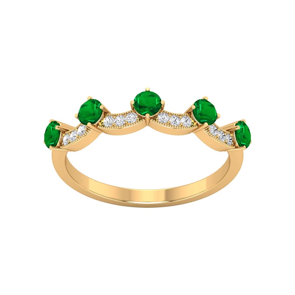 3/4 CT Round Cut Natural Green Emerald and Diamond Stackable Ring for Women - 14K Solid Gold Wave Curved Ring, Perfect for Weddings, Anniversaries, and Everyday Elegant Wear