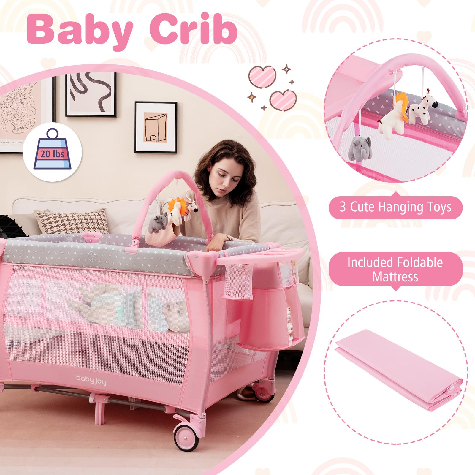 **BABY JOY 3-in-1 Portable Pack and Play with Bassinet & Changing Table - Convertible Travel Crib Playard with Brake Wheels, Newborn Napper & Large Storage Shelf - Includes Oxford Carry Bag - Perfect for Nursery, Travel & On-the-Go Parenting**