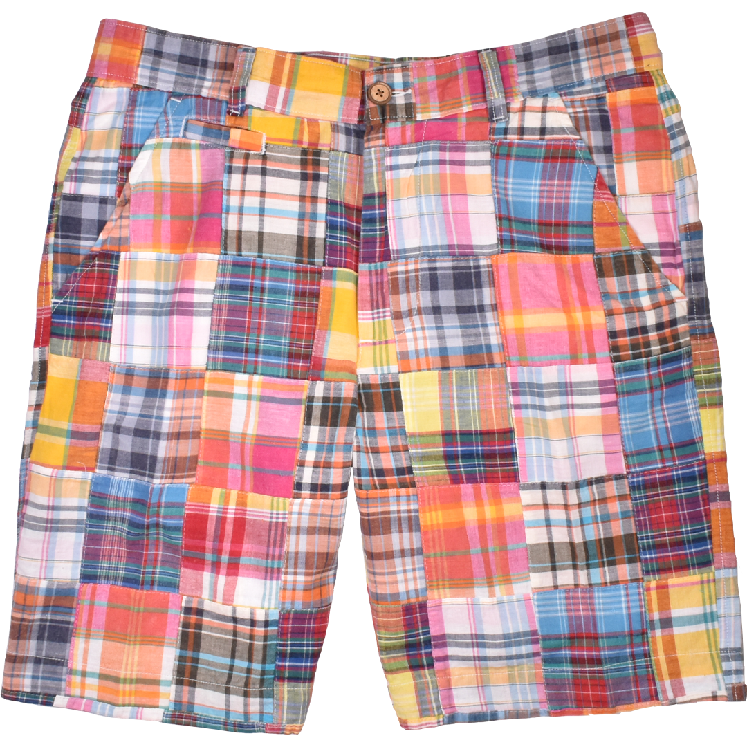 Vintage 1946 Patch Madras Shorts for Men - Red Flat Front Modern Fit Casual Summer Shorts | Beach, Vacation & Outdoor Activities